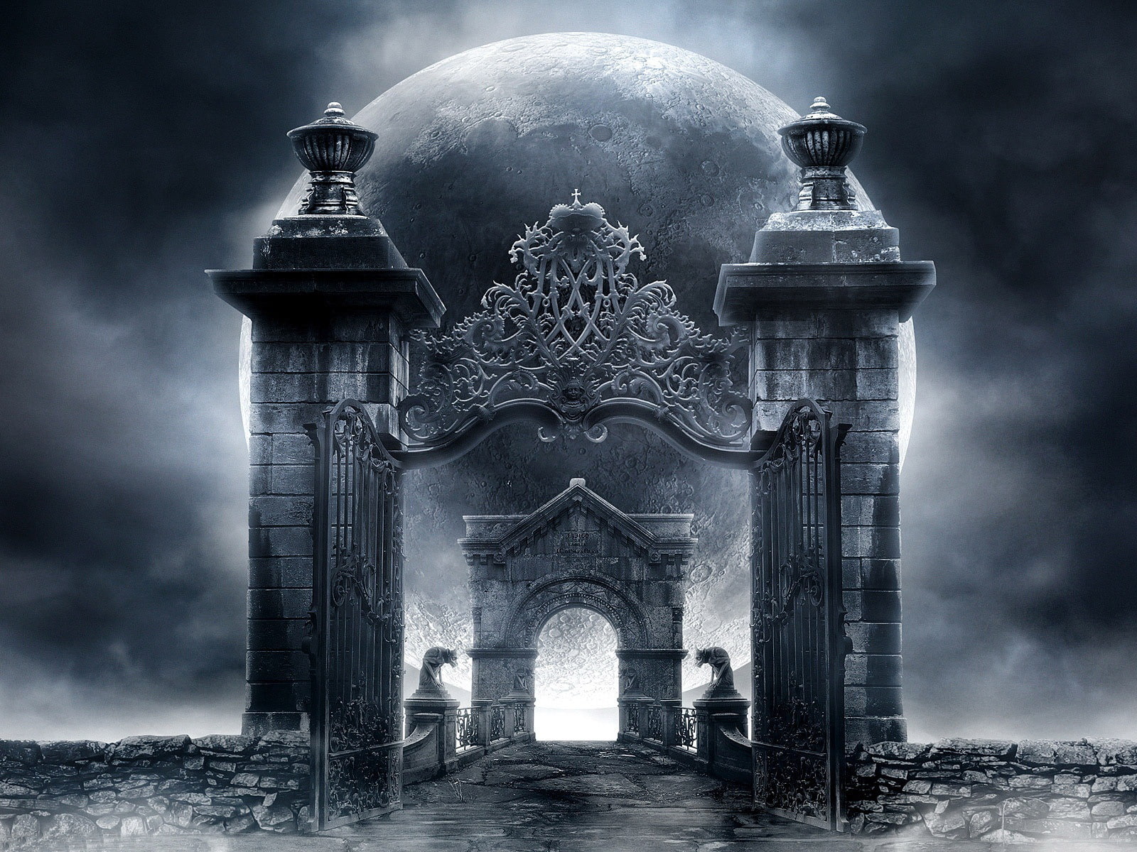 fog, digital, dark, gate, church, night, 720P, building exterior, cloud - Sky, christianity, religion, building, place of worship, old, bridge, HD Wallpaper
