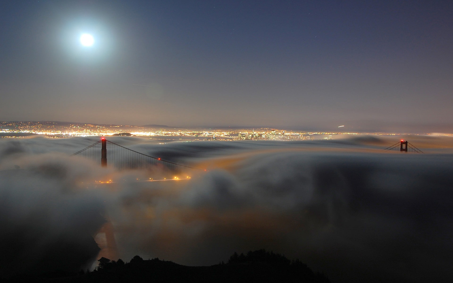 Moon, Lights, clouds, mist, city, Golden Gate Bridge, bridge, 1080P, HD Wallpaper