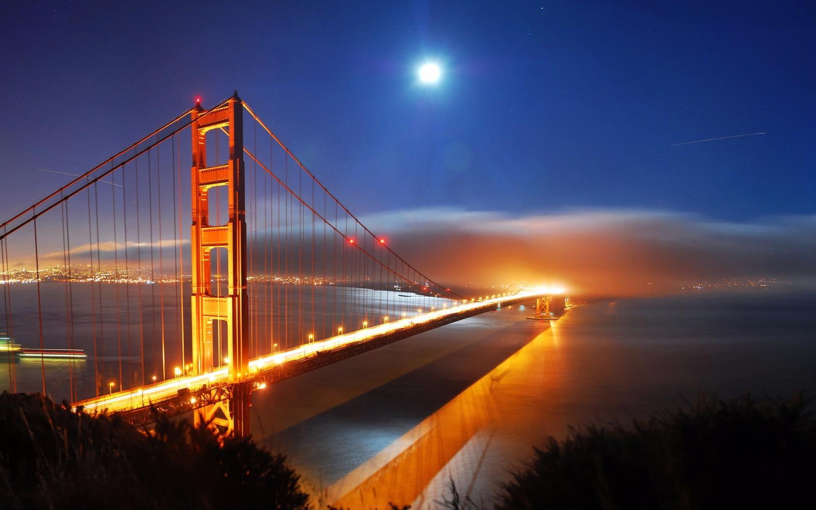 USA, bridge, sky, nature, Moon, San Francisco, night, Golden Gate Bridge, city, Cityscape, water, clouds, Lights, 720P, HD Wallpaper