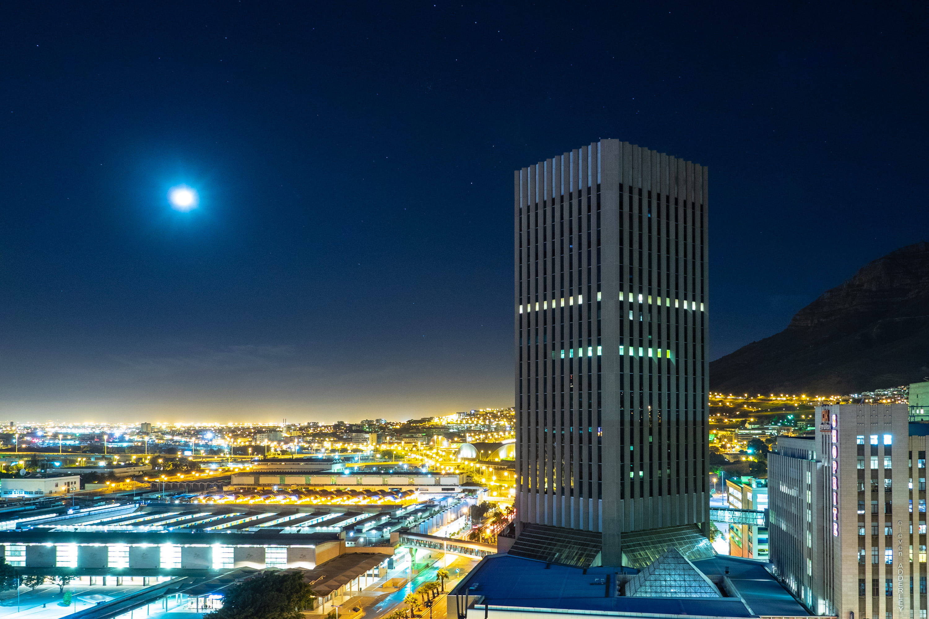 town, joannesburg, illuminated, city, building, high, road, urban, transportation, 2K, night, star - space, skyscraper, rise, gate, moonlight, building exterior, HD Wallpaper