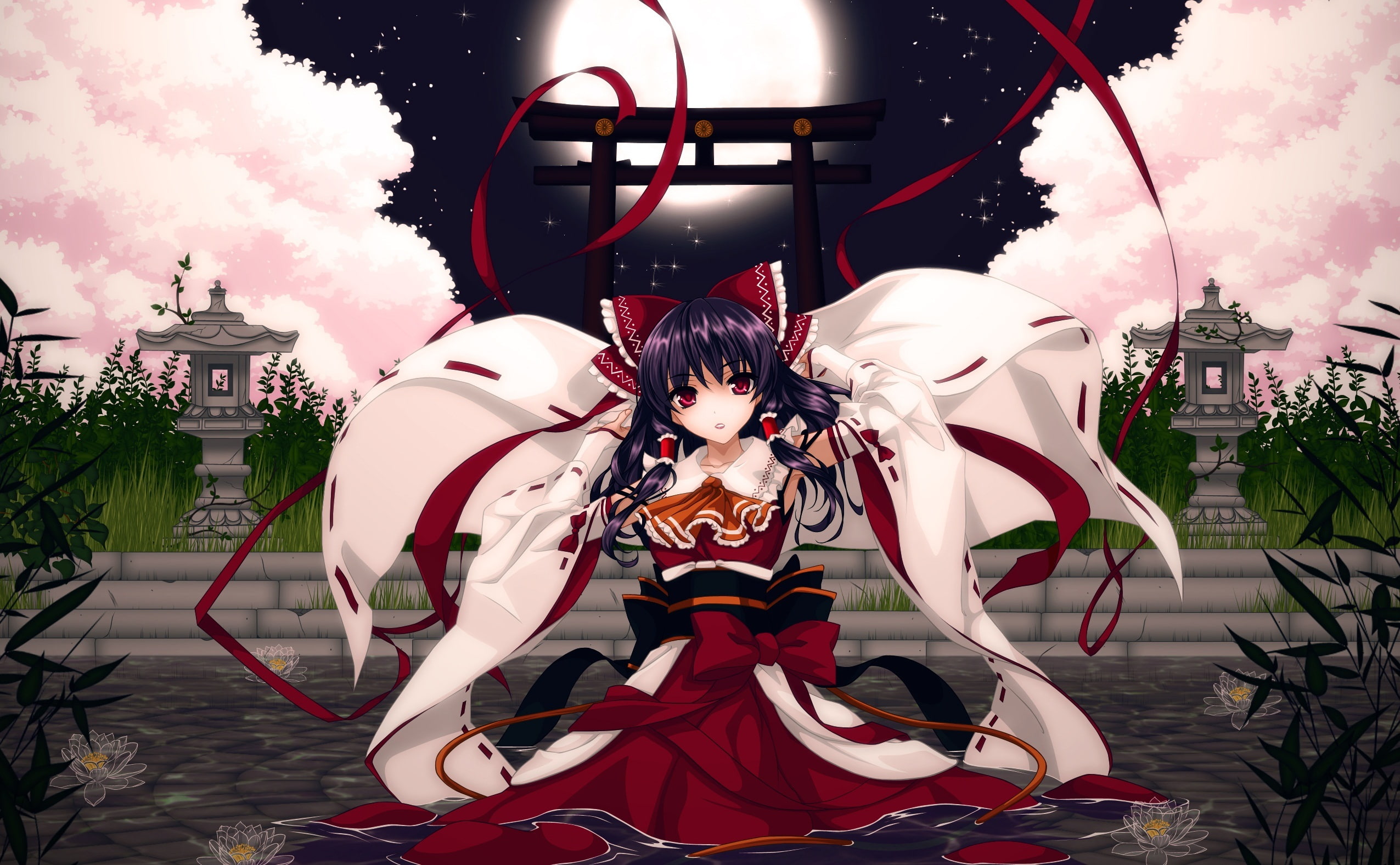 representation, 1080P, one person, outdoors, three quarter length, the moon, water, touhou, women, girl, fashion, cloud - sky, character, architecture, HD Wallpaper