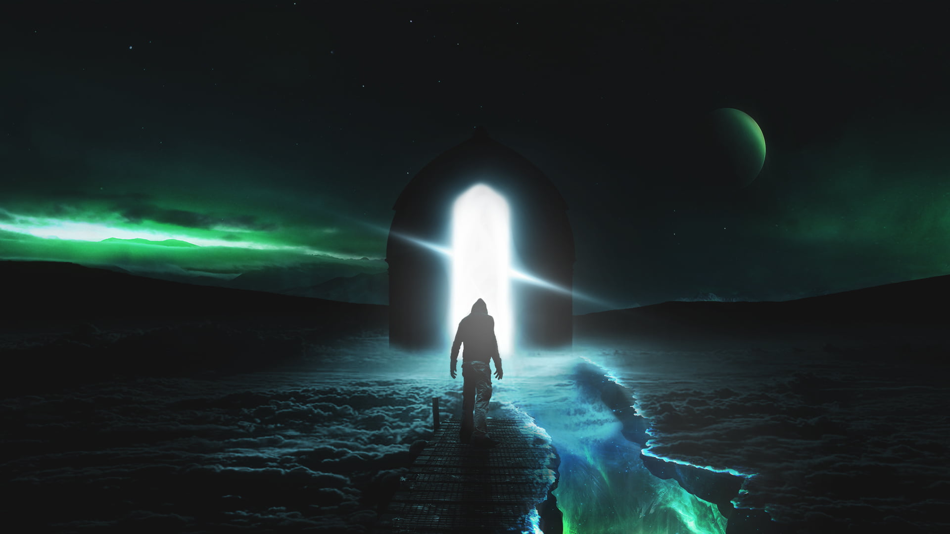 space, 1080P, gates, clouds, Moon Suicide, man on the moon, stars, universe, planet, HD Wallpaper