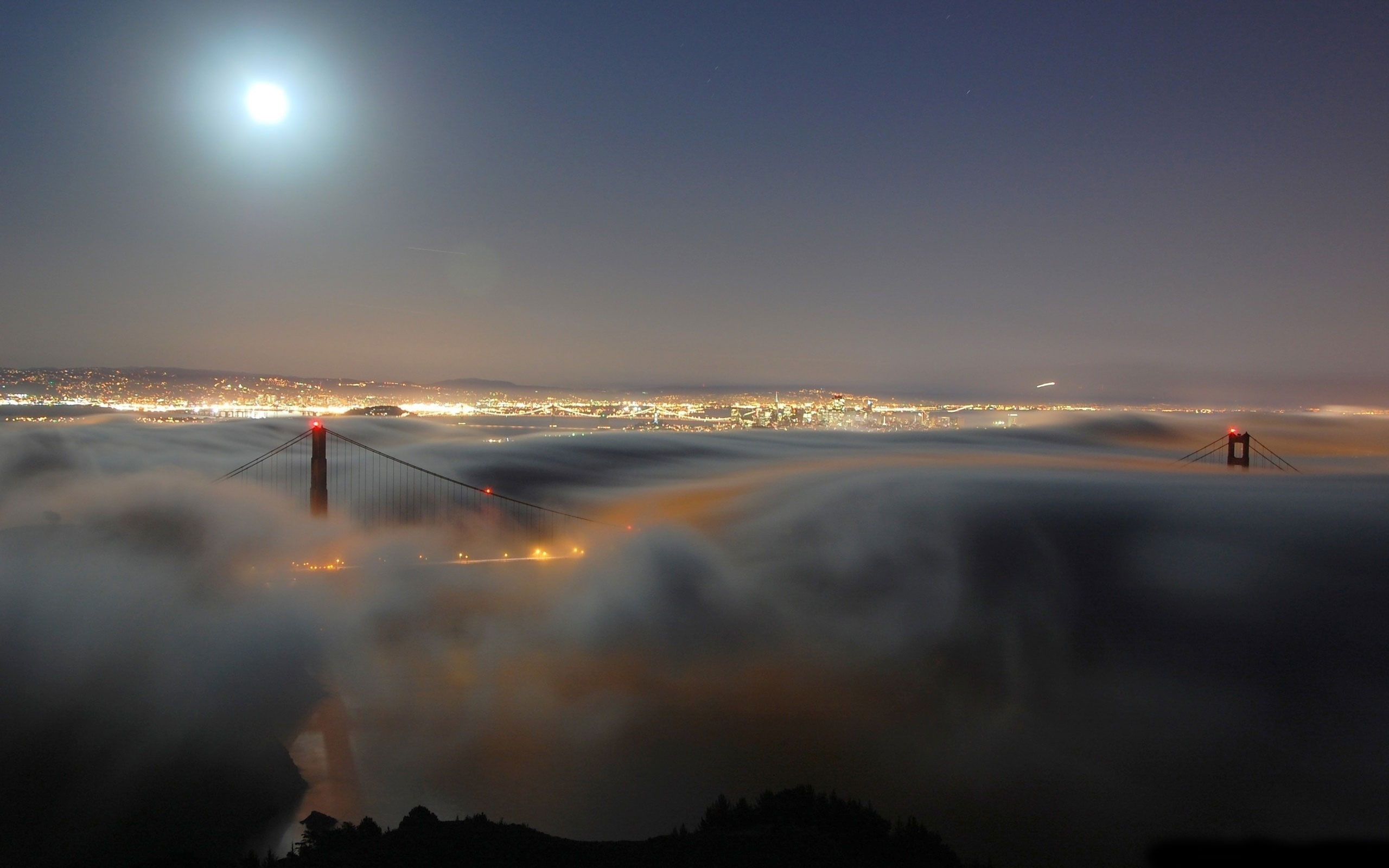 Fog, California, outdoors, 2K, one person, building exterior, illuminated, Light, motion, nature, scenics - nature, beauty in nature, Moon, transportation, HD Wallpaper