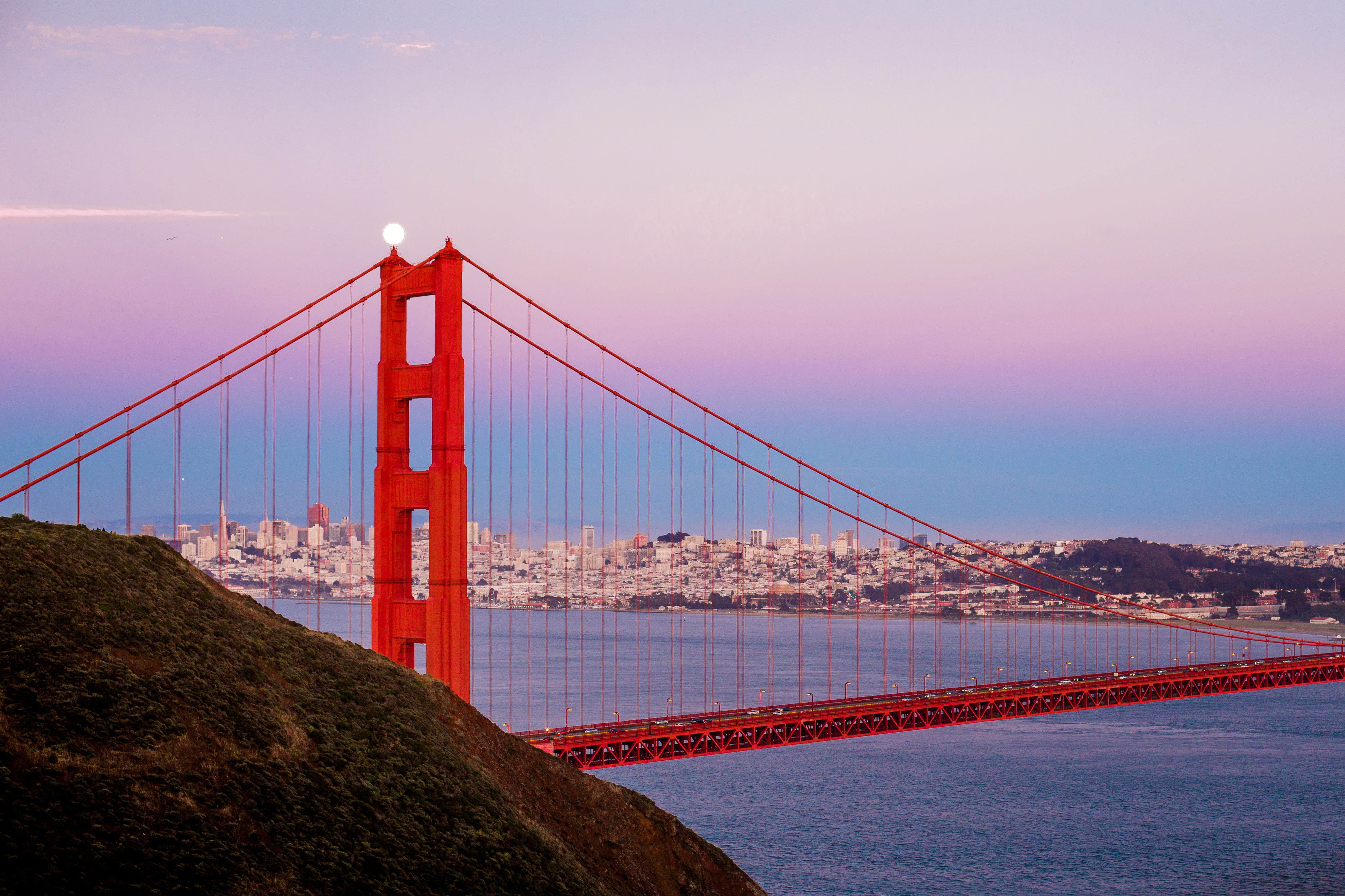 moon, city, sf, sunset, travel destinations, office building exterior, outdoors, no people, sea, nature, travel, connection, golden gate bridge, bay, architecture, HD Wallpaper