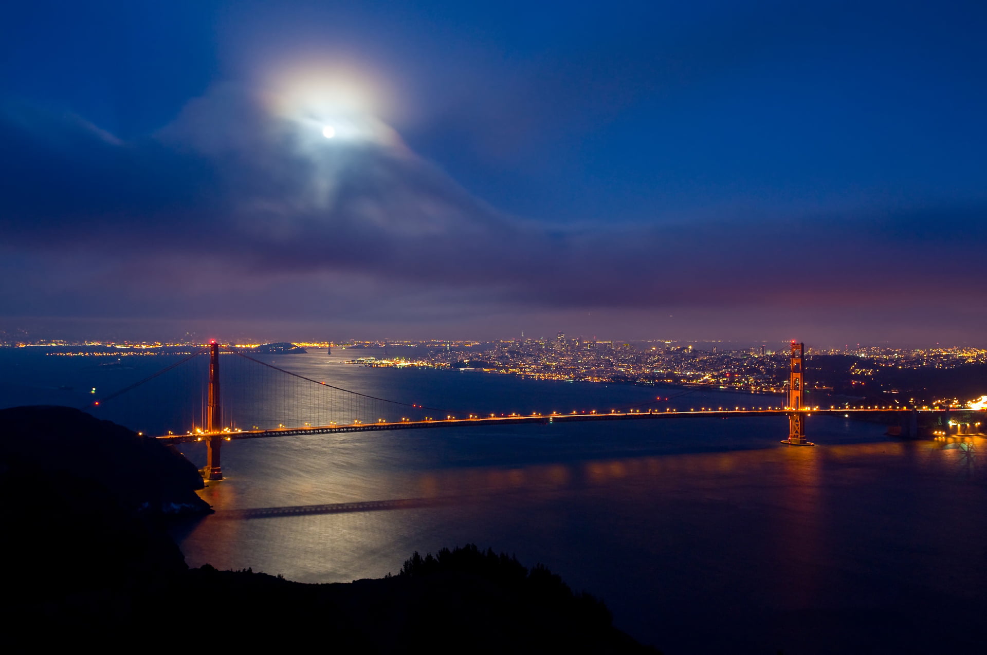 illuminated, twilight, transportation, river, uSA, The moon, cityscape, bay, architecture, cloud - sky, travel Destinations, suspension Bridge, sea, francisco, HD Wallpaper
