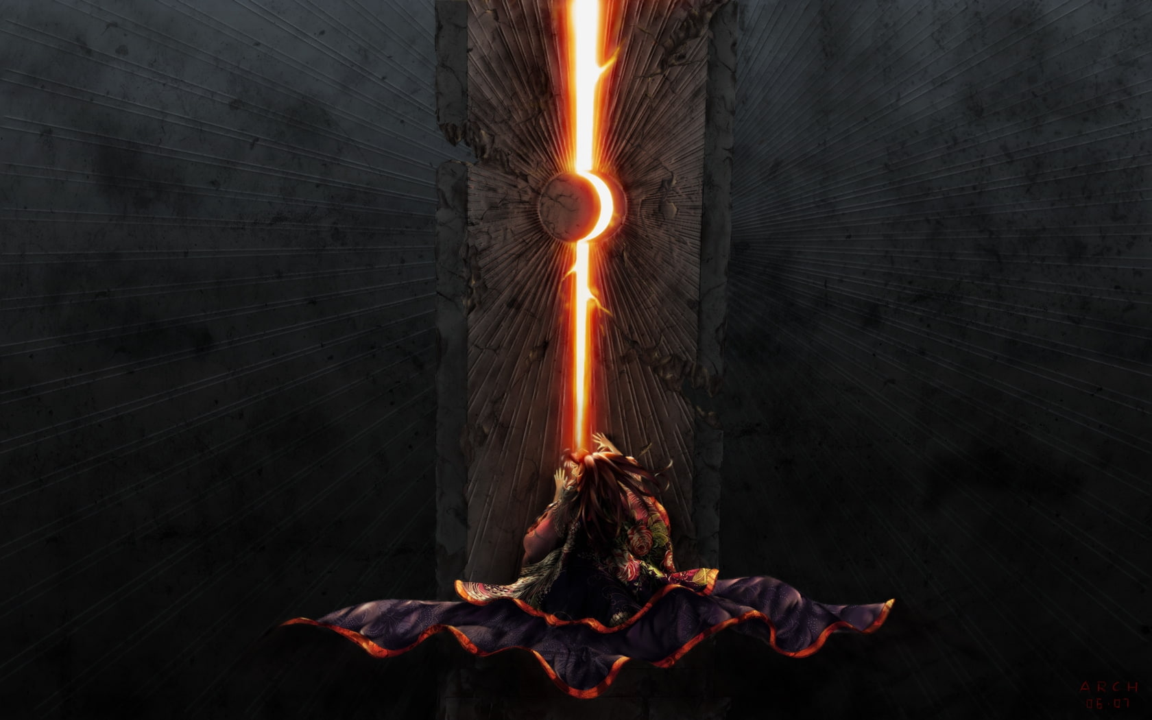kaguya, video, art, long, g, clothes, gates, space, Moon, hd, 720P, games, dark, hair, houraisan, Touhou, Video Games, Dress, moons, japanese, glowing, HD Wallpaper