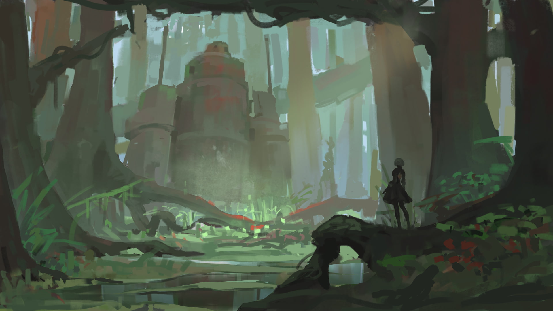 science fiction, digital art, landscape, 1080P, artwork, futuristic, Nier: Automata, HD Wallpaper