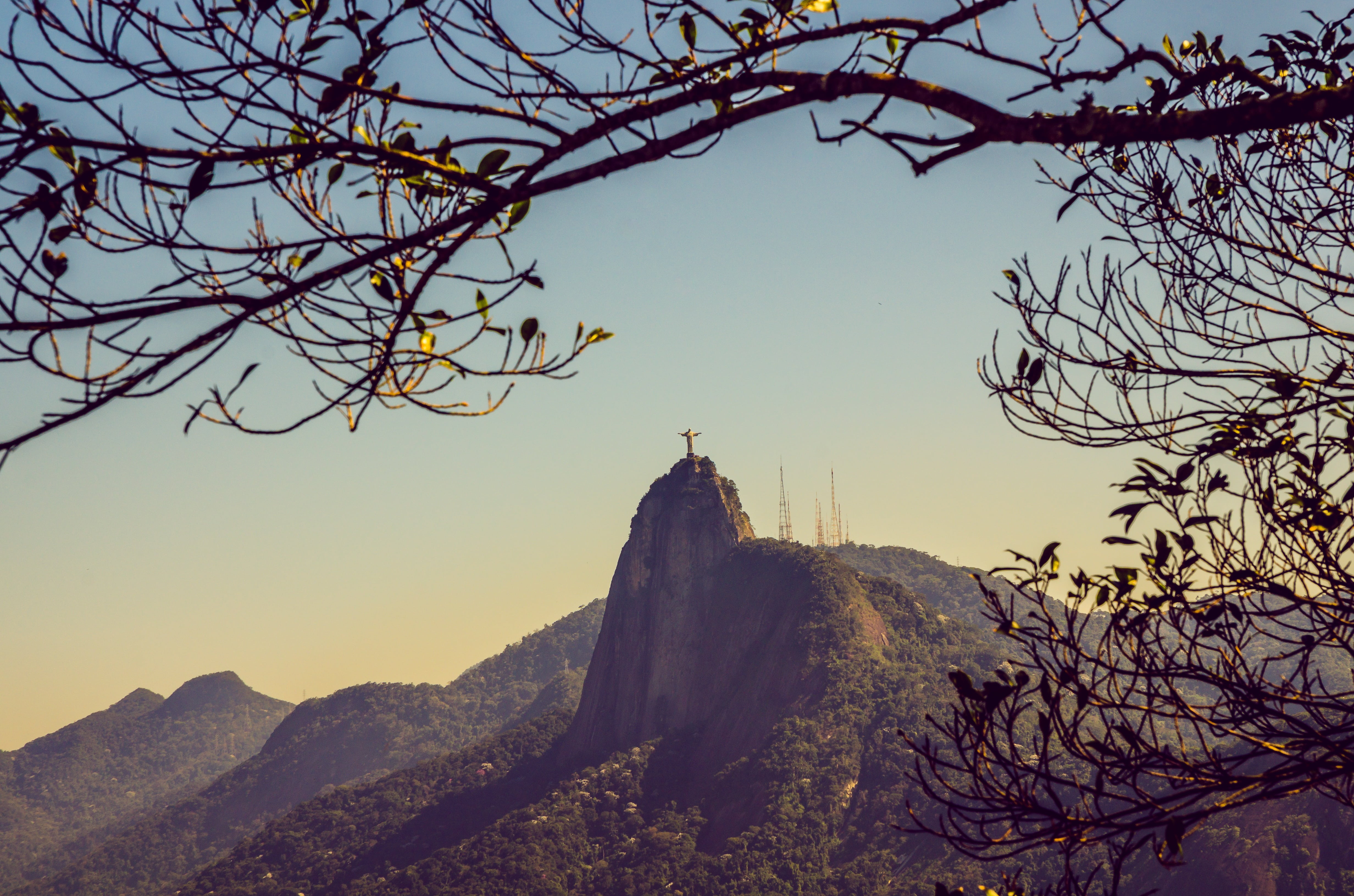 spire, landscape, tourism, outdoors, travel destinations, redeemer, baia de guanabara, brazil, clear sky, christ, bare tree, mountain, built structure, HD Wallpaper