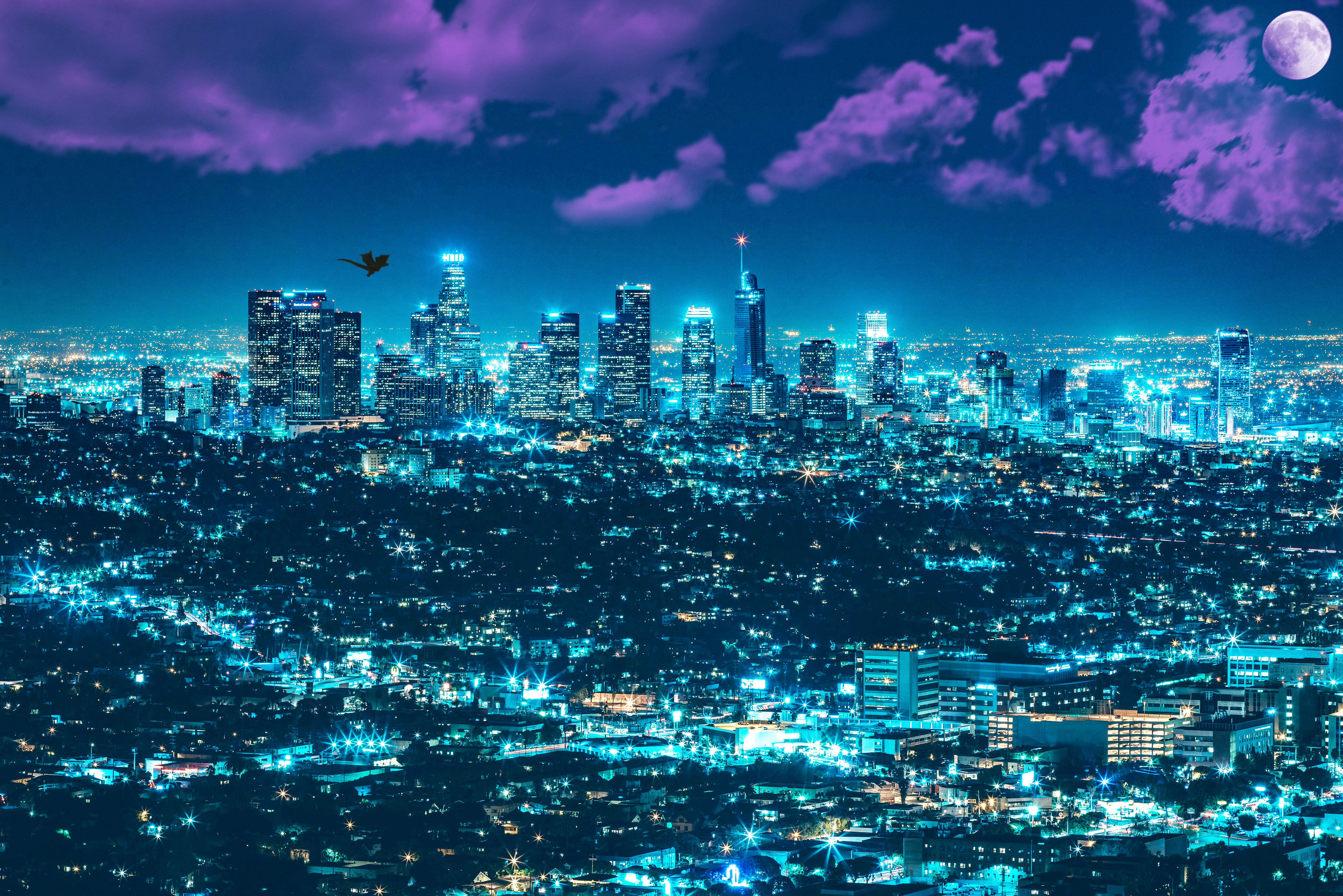 skyscraper, built structure, artist, hd, dragon, night, 4k, outdoors, office building exterior, 5k, architecture, city, fantasy, office, building exterior, HD Wallpaper