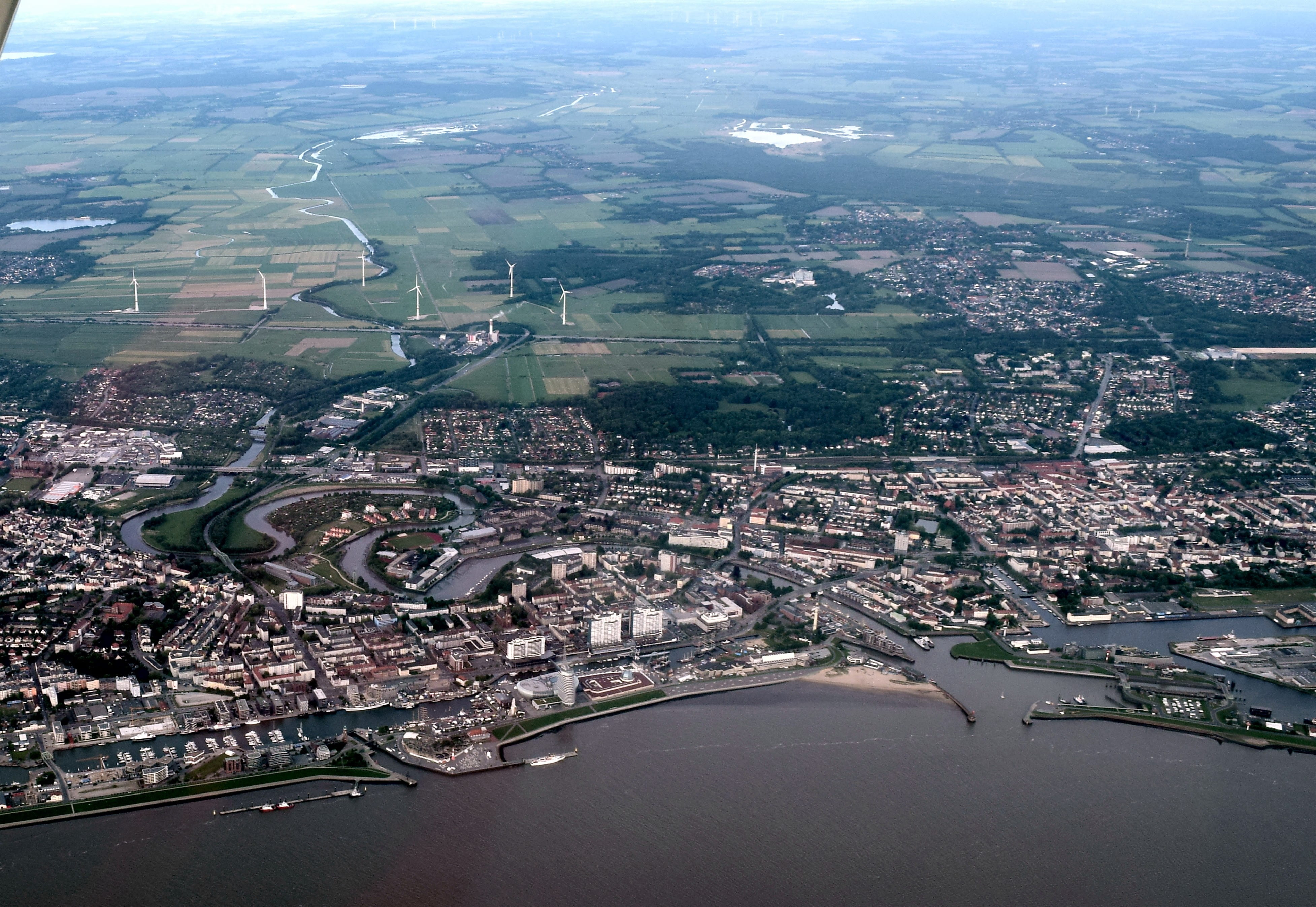 sea, environment, architecture, cityscape, river, city, transportation, building, nature, fly, building exterior, built structure, 4K, bremen, flying, HD Wallpaper