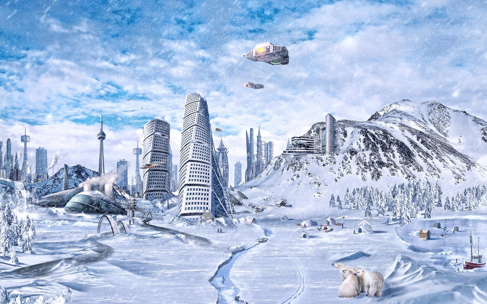 Winter, City, cold temperature, building exterior, beauty in nature, skyscraper, World, Snow, Planet, office building exterior, outdoors, Future, no people, HD Wallpaper