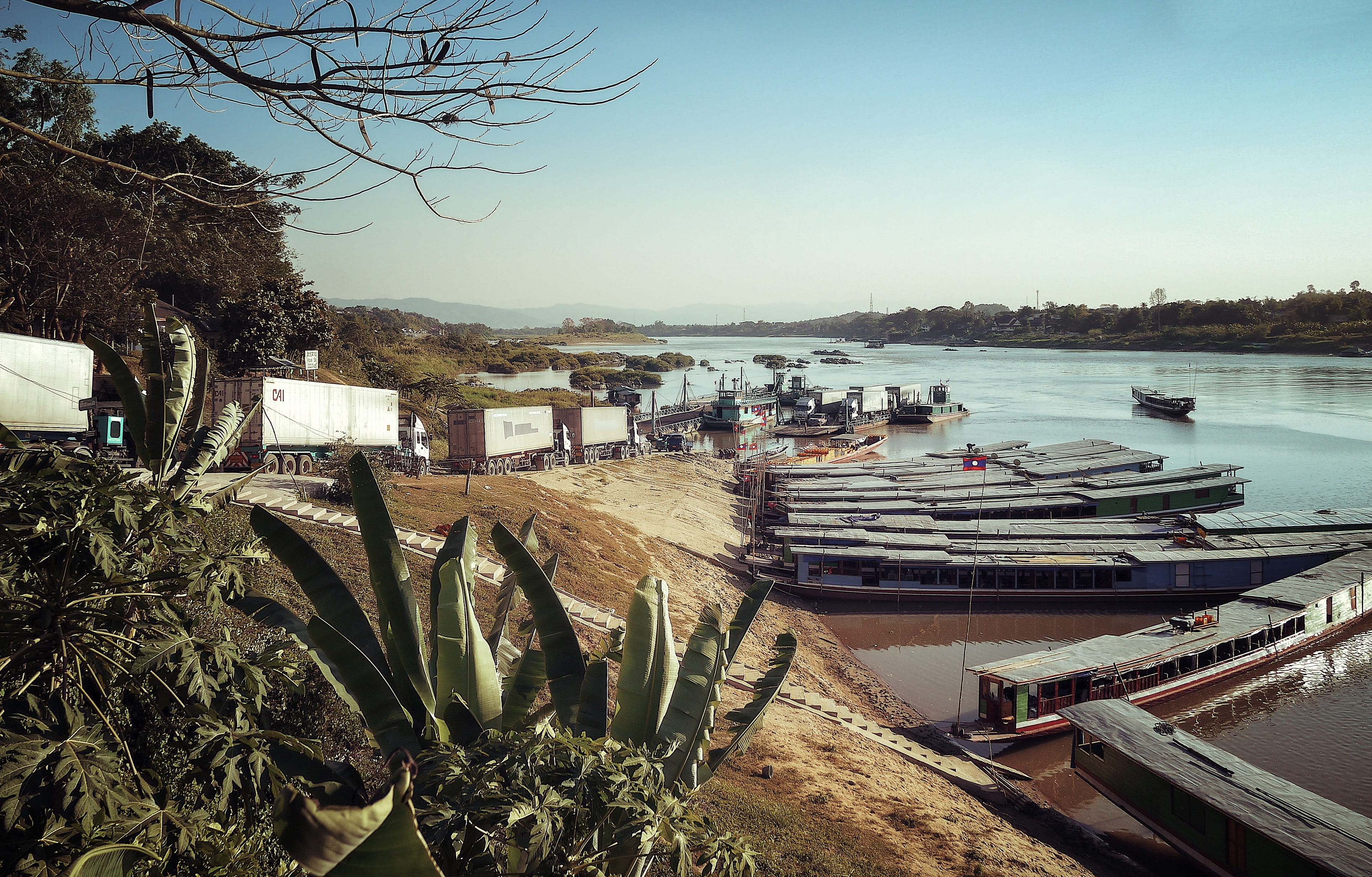 Transport, mode of transportation, nautical vessel, water, fishing industry, sky, architecture, road, river, high angle view, Laos, outdoors, plant, moored, HD Wallpaper
