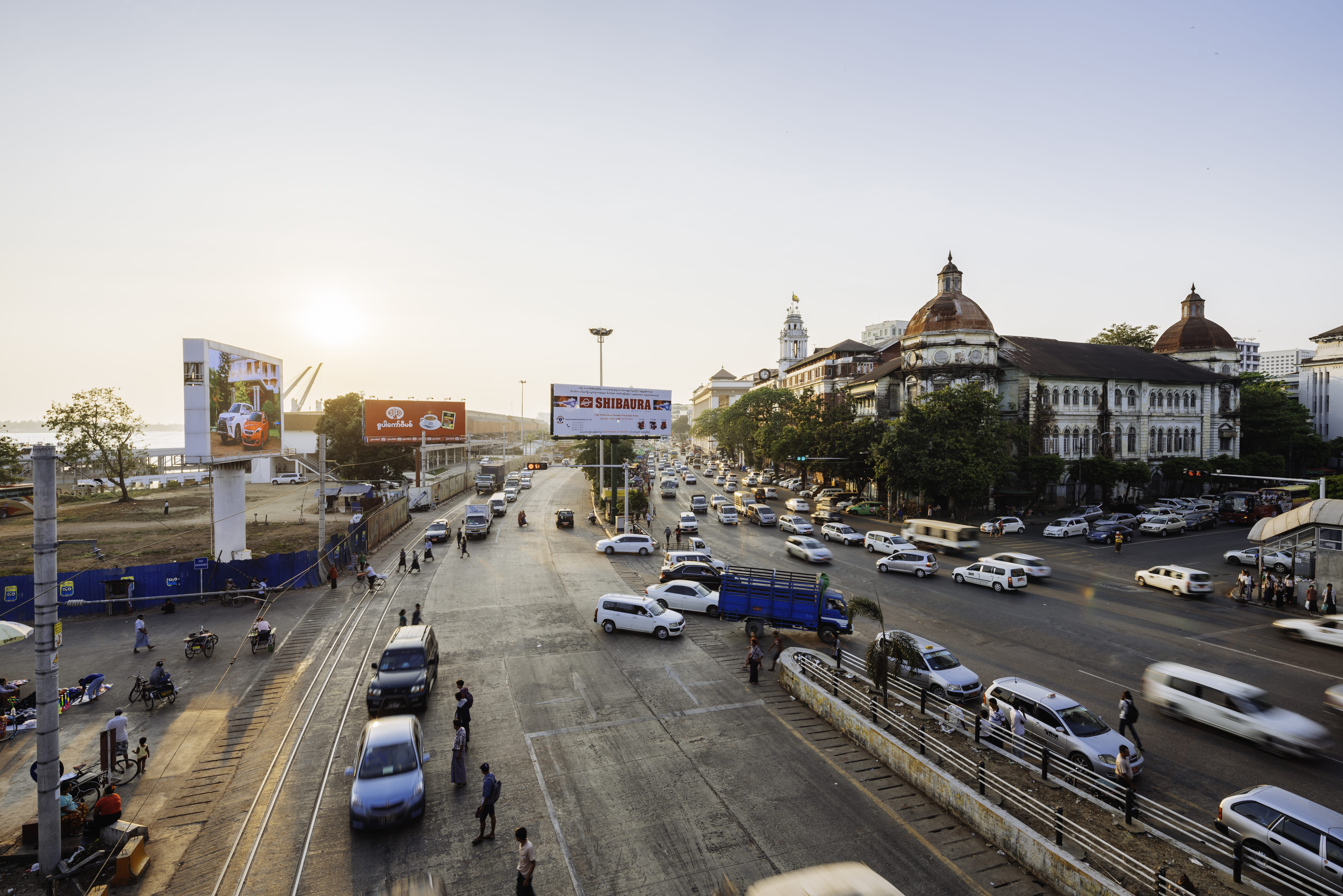 outdoors, land vehicle, street, cathedral, blue sky, crossing, sunset, daylight, golden hour, modern, city, time lapse, junction, built structure, vehicles, HD Wallpaper