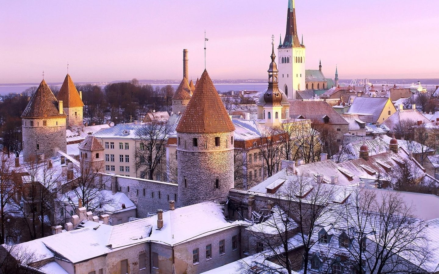 snow, Estonia, belief, spire, 720P, cityscape, sky, high angle view, outdoors, nature, cold temperature, spirituality, snowing, religion, tree, built structure, HD Wallpaper