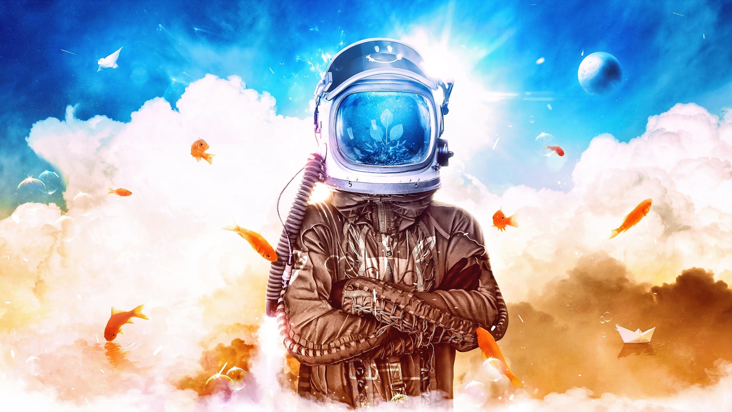 Desktopography, Pictures, Fish, Clouds, 2K, Helmet, Creative, HD Wallpaper