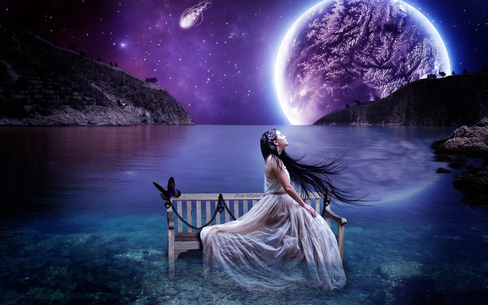 Planet, Sky, Landscape, Water, Lake, Creative, Girl, Benches, Aesthetic, 1080P, HD Wallpaper