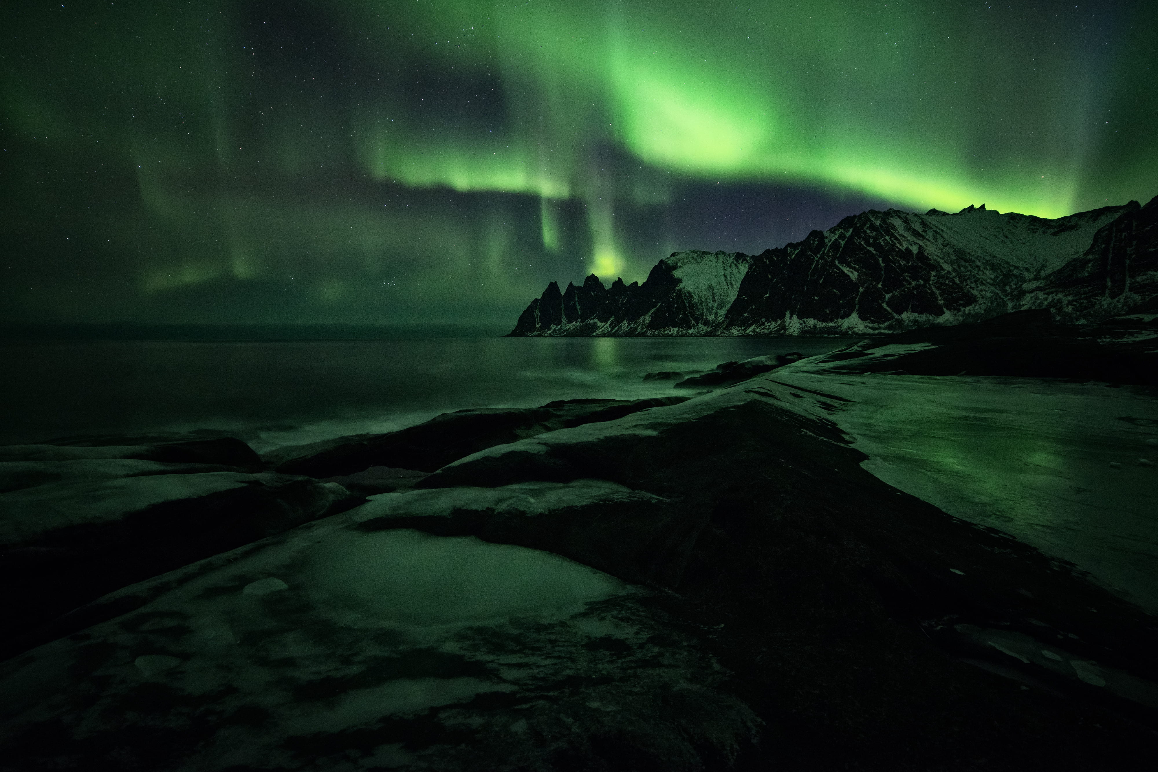 aurora boreali, white, no people, northern, senja, fjord, spring, cloud - sky, body, dramatic sky, beauty in nature, scenics - nature, glow, northern light, HD Wallpaper