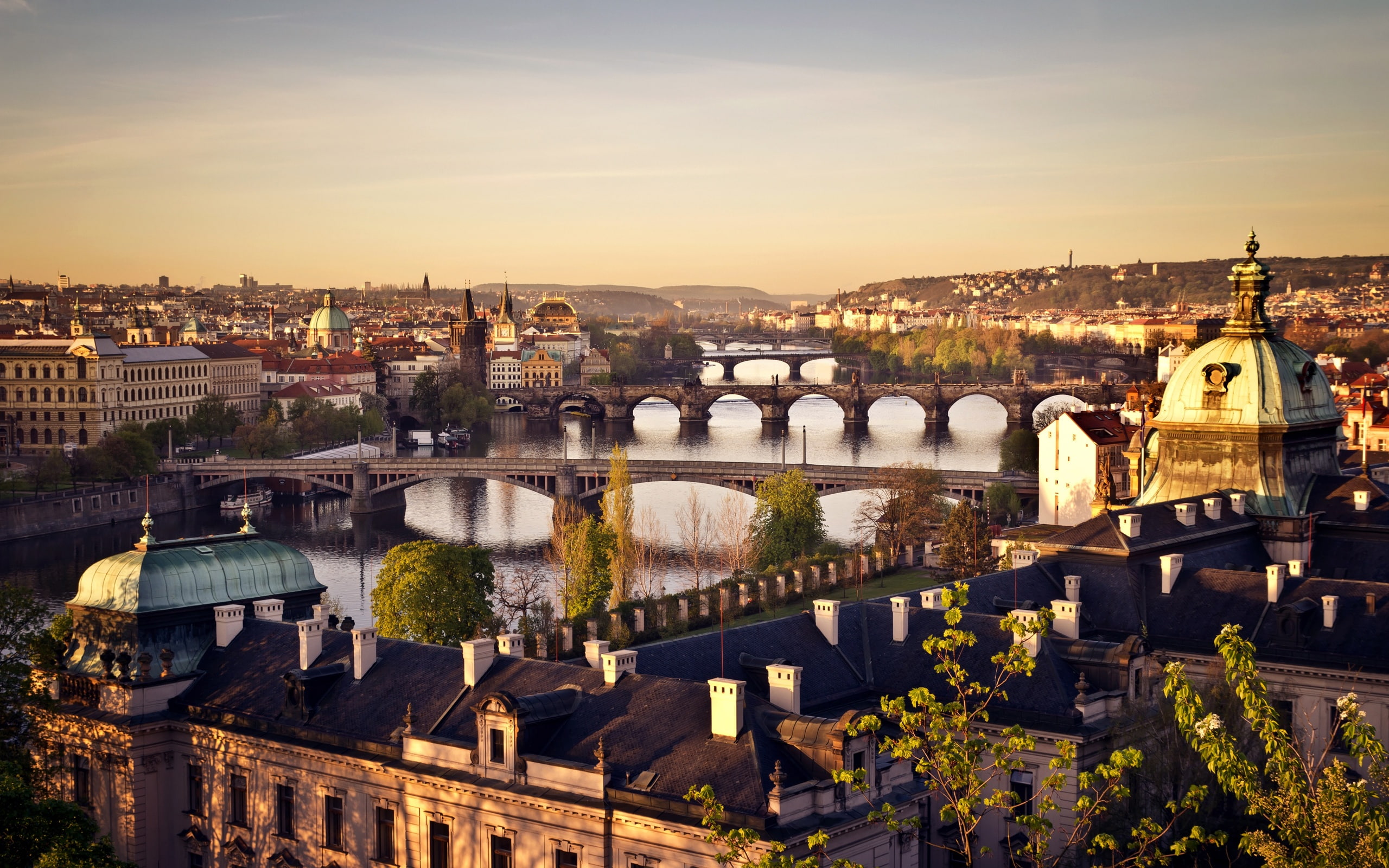 Sunrise, River, Republic, City, 2K, Vltava, Houses, Czech, Prague, Bridge, HD Wallpaper