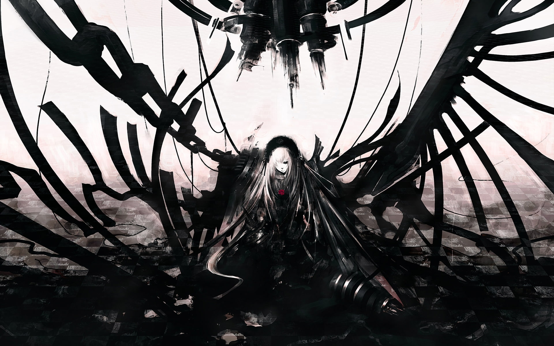 art, Abstract, x, suigintou, dystopia, maiden, 1080P, rozen, monochrome, hd, Futuristic, HD Wallpaper