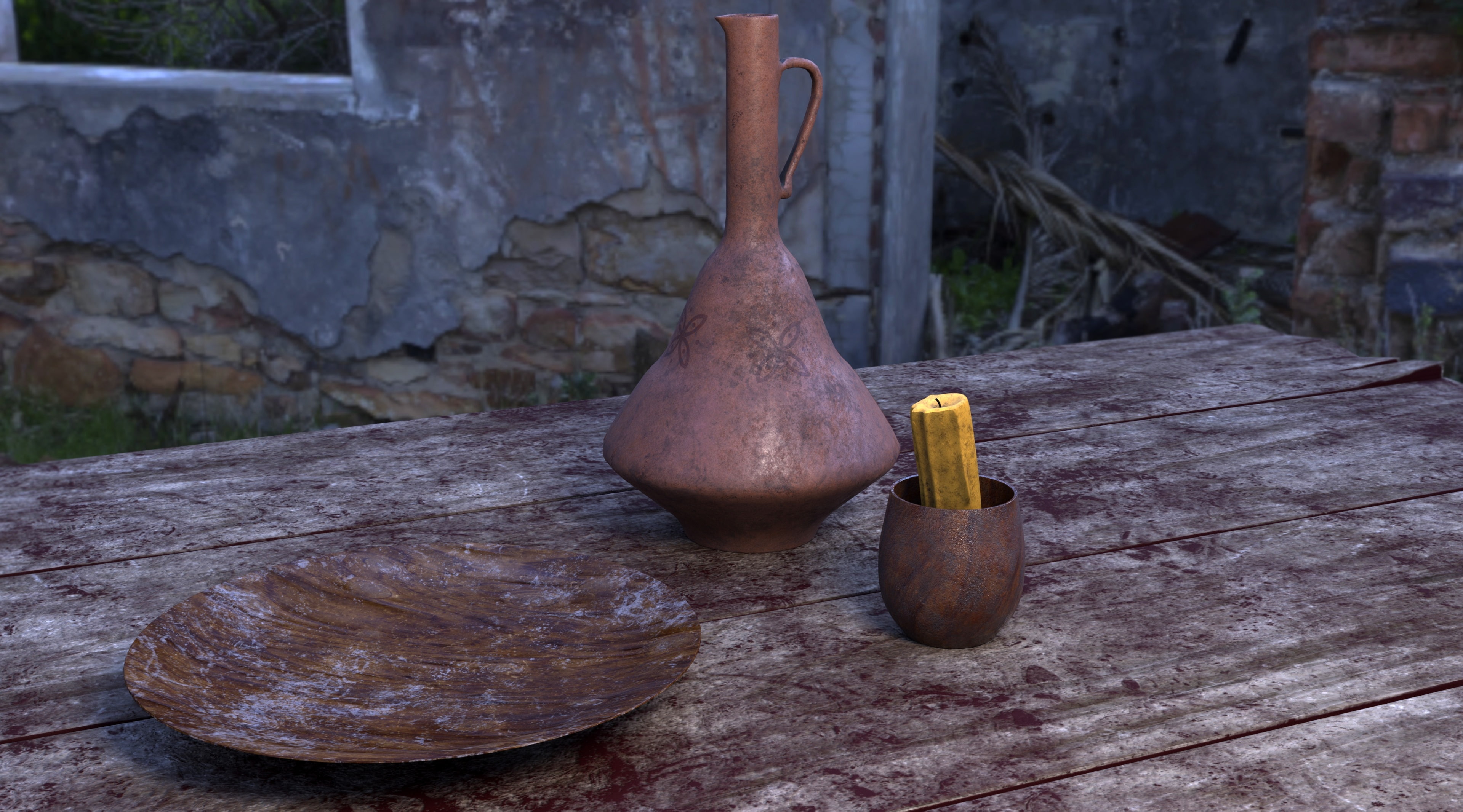 Candle, oldhouse, Table, Rusty, dystopia, 4K, Glass, Artistic, 3D, art, woodentable, Plate, HD Wallpaper