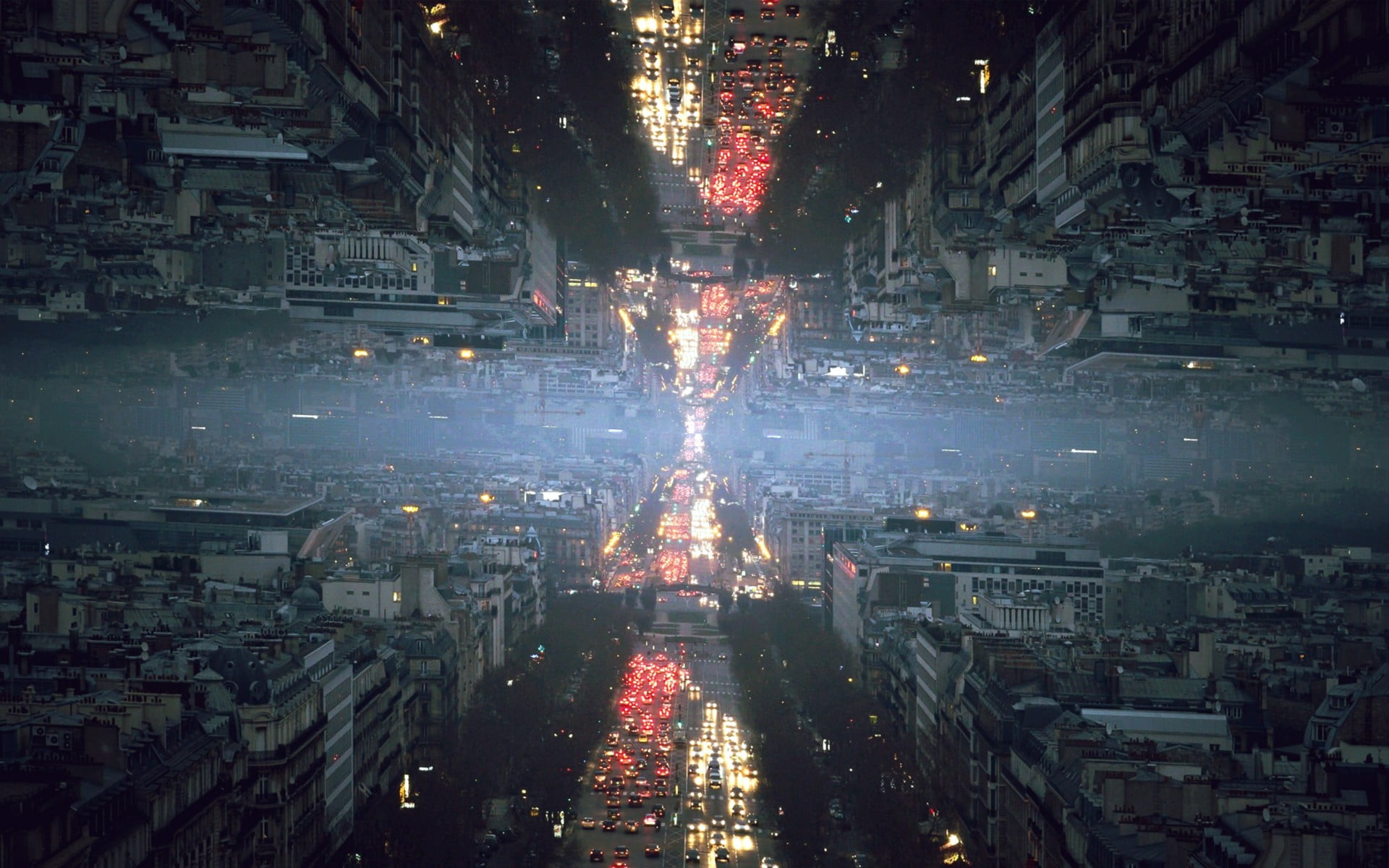 1080P, no people, city life, building exterior, mist, architecture, high angle view, lighted, built structure, street, transportation, glitch art, aerial view, HD Wallpaper