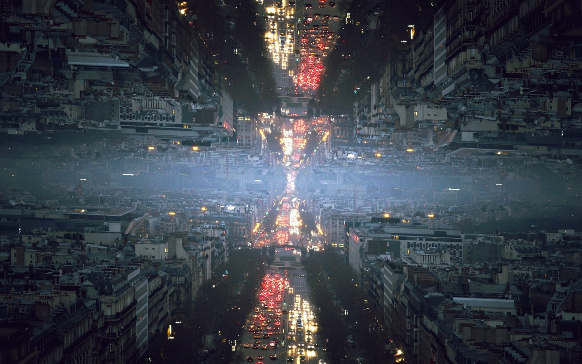 road, mist, glitch art, city, 1080P, mirrored, HD Wallpaper