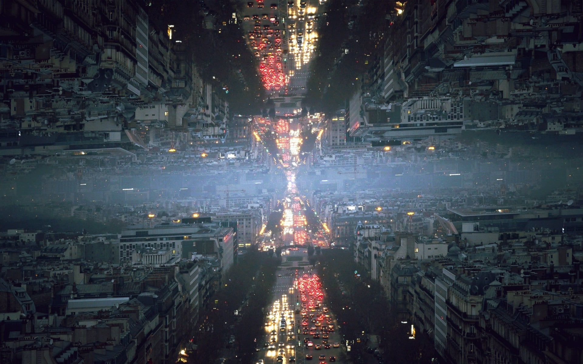 building exterior, cityscape, built structure, night, Mirrored, road, street, glitch Art, mist, architecture, transportation, office building exterior, HD Wallpaper