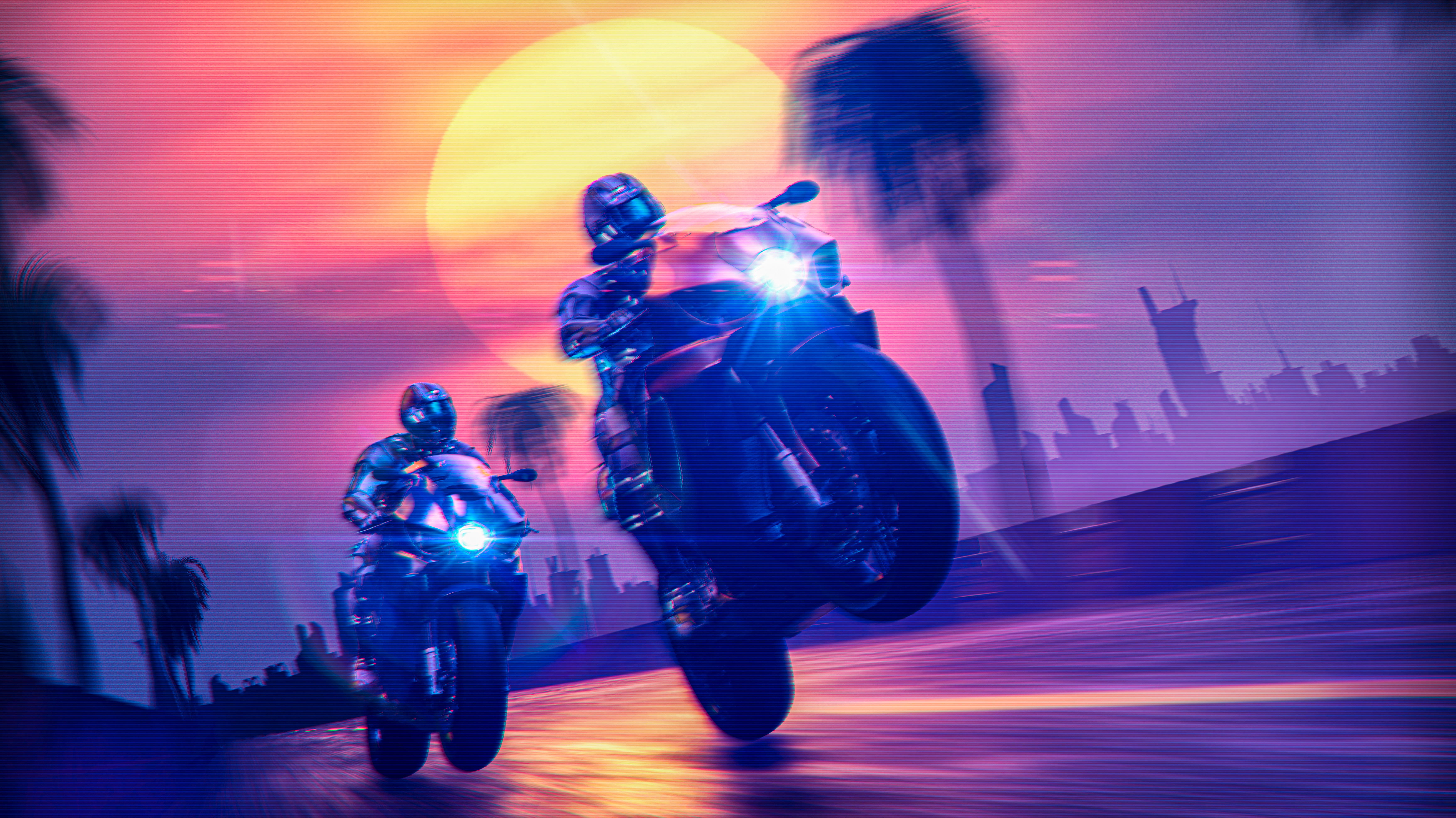 cyberpunk, neon, 3D, colorful, digital art, 5K, purple, sunset, lights, city, futuristic, artwork, retro style, science fiction, street, glitch art, 80s, HD Wallpaper