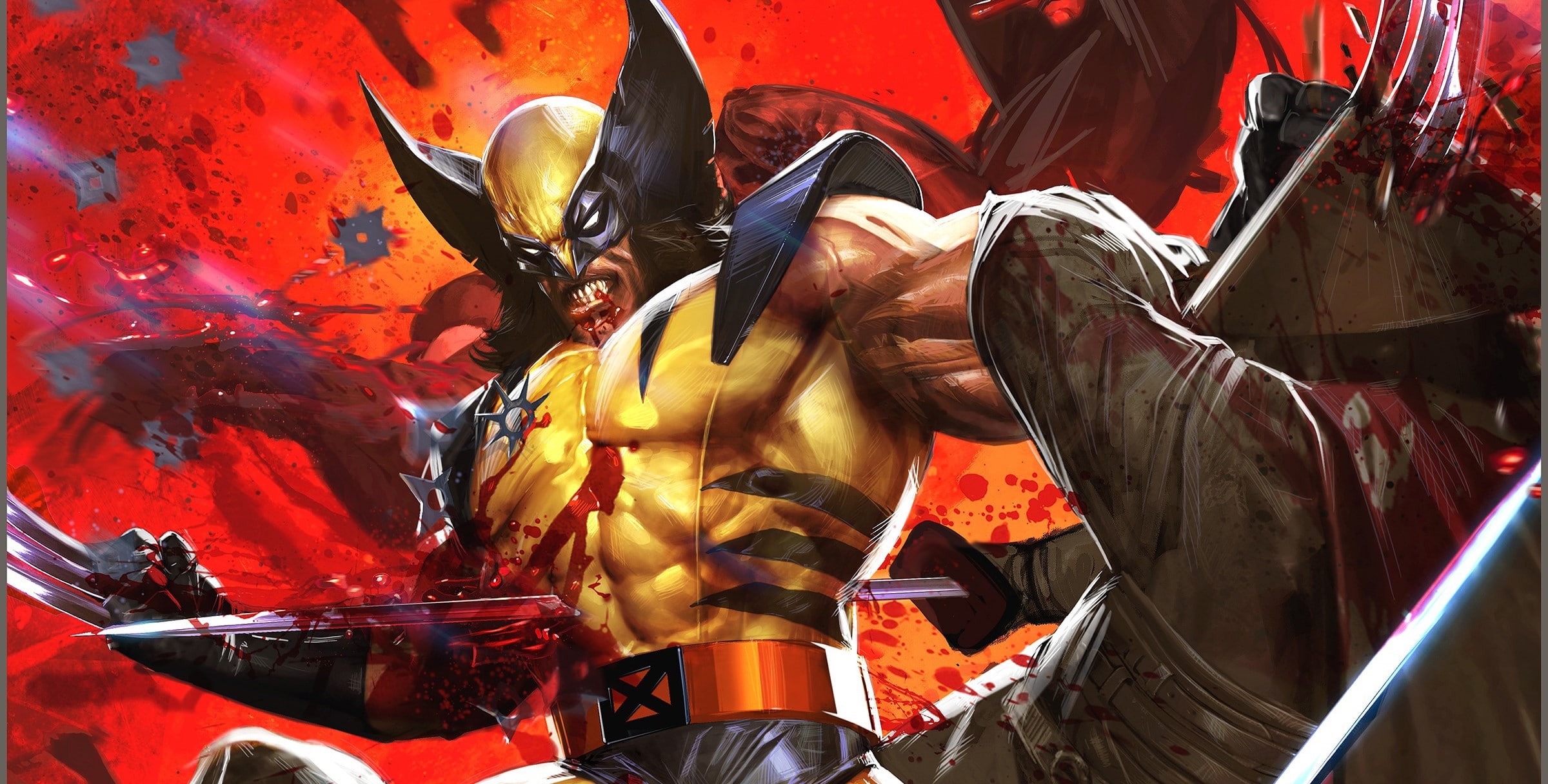 art and craft, xmen wolverine fight artwork marvel comics marvel dave wilkins comics ninjas blood, artist, festival, representation, outdoors, 1080P, red, HD Wallpaper