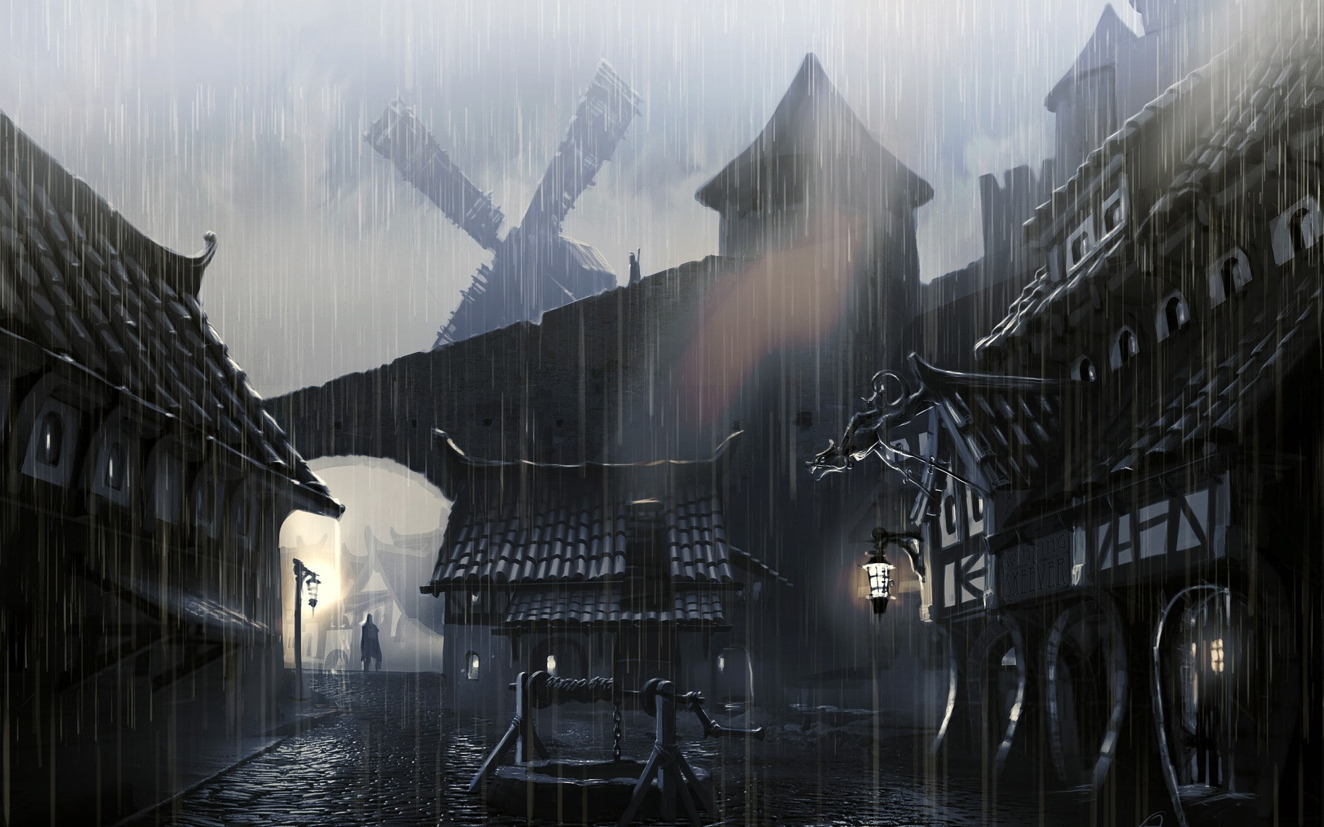 building, rain, fantasy city, fantasy art, 1080P, village, HD Wallpaper