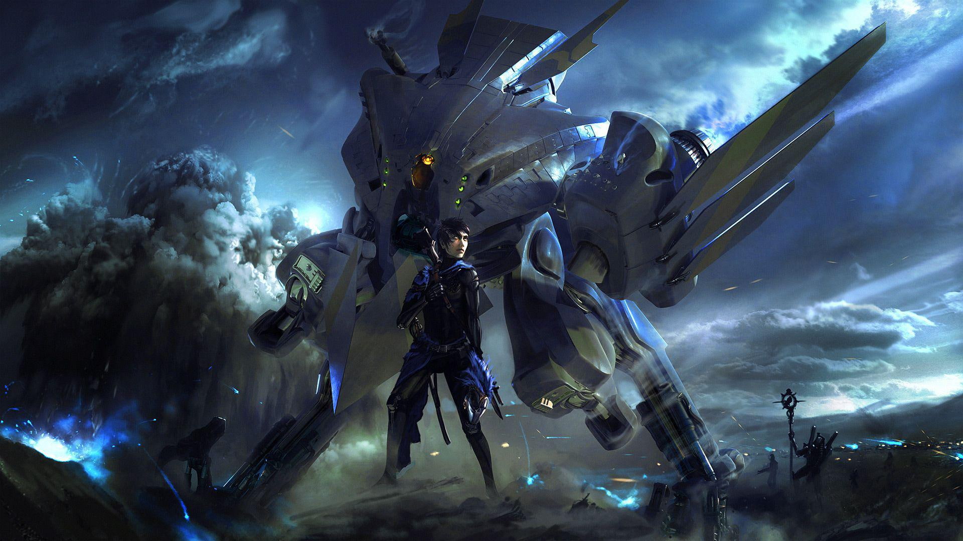 robot, soldier, weapon, futuristic, cloud, 1080P, illustration, future, fantasy, battle, 1920x1080, gray, mech, HD Wallpaper
