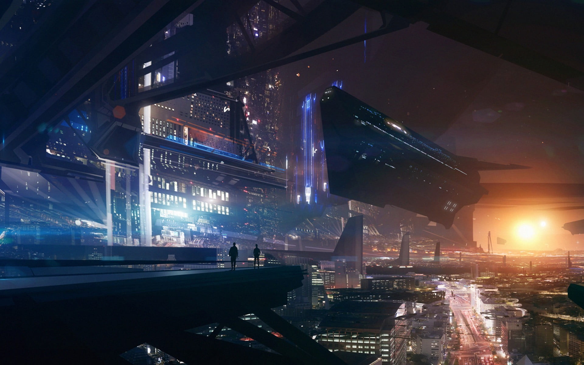 night, futuristic city, skyscraper, travel, cityscape, Mass Effect, city, black, travel destinations, no people, illuminated, reflection, building, sky, HD Wallpaper
