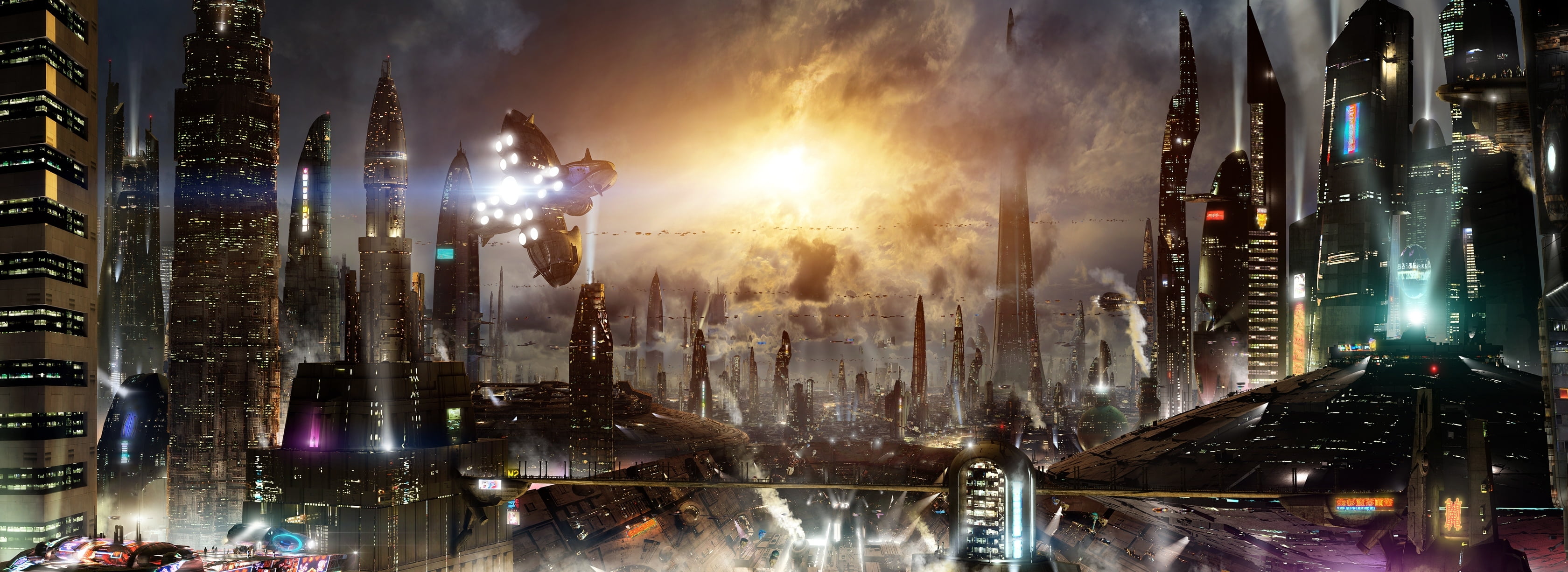 science fiction, aircraft, sci-fi, architecture, illustration, transportation, lights, Futuristic city 3, fiction, the city, smoke - Physical Structure, HD Wallpaper