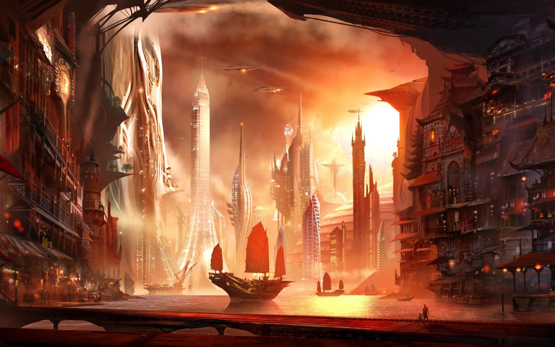 Alex, Future, Digita, People, water, fantasy, art, fi, space, sunset, 1080P, sci, Asian, cities, skyscrapers, fiction, buildings, CG, children, Ruiz, science, HD Wallpaper