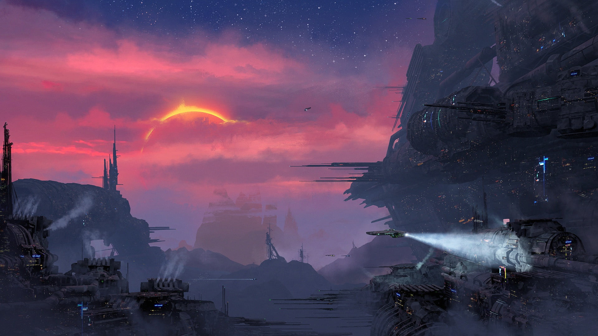 Mack Sztaba, Future, Deimos Prime, Fiction, Star, Spaceship, Environments, The sun, Concept Art, 1080P, by Mack Sztaba, Station, Sunset, The city, Art, HD Wallpaper