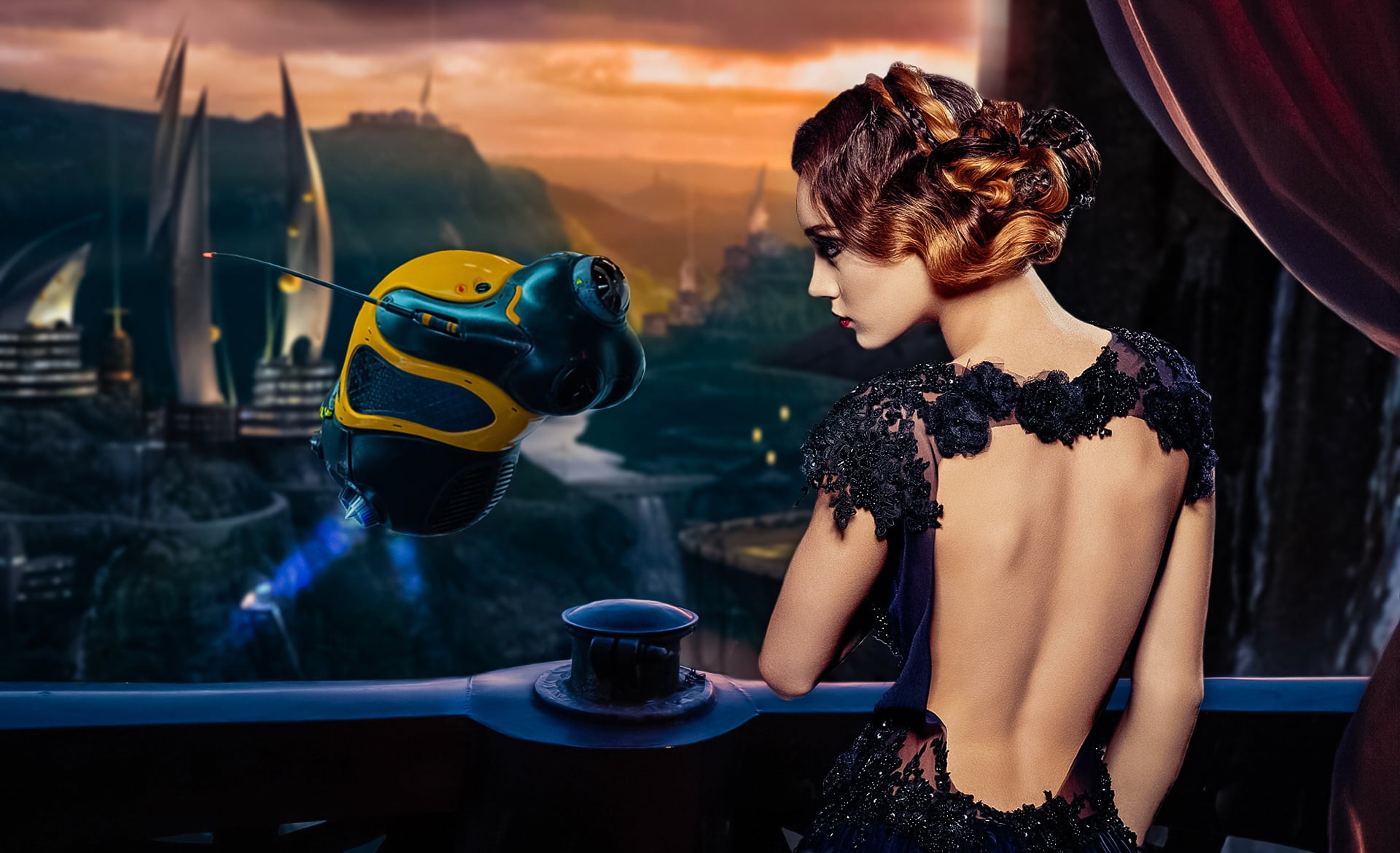 future, fly, skyscraper, dress, girl, mood, sunset, cute, droid, outdoors, sky, portrait, light, pretty, fantasy, young, epic, sight, evening, posing, fashion, HD Wallpaper