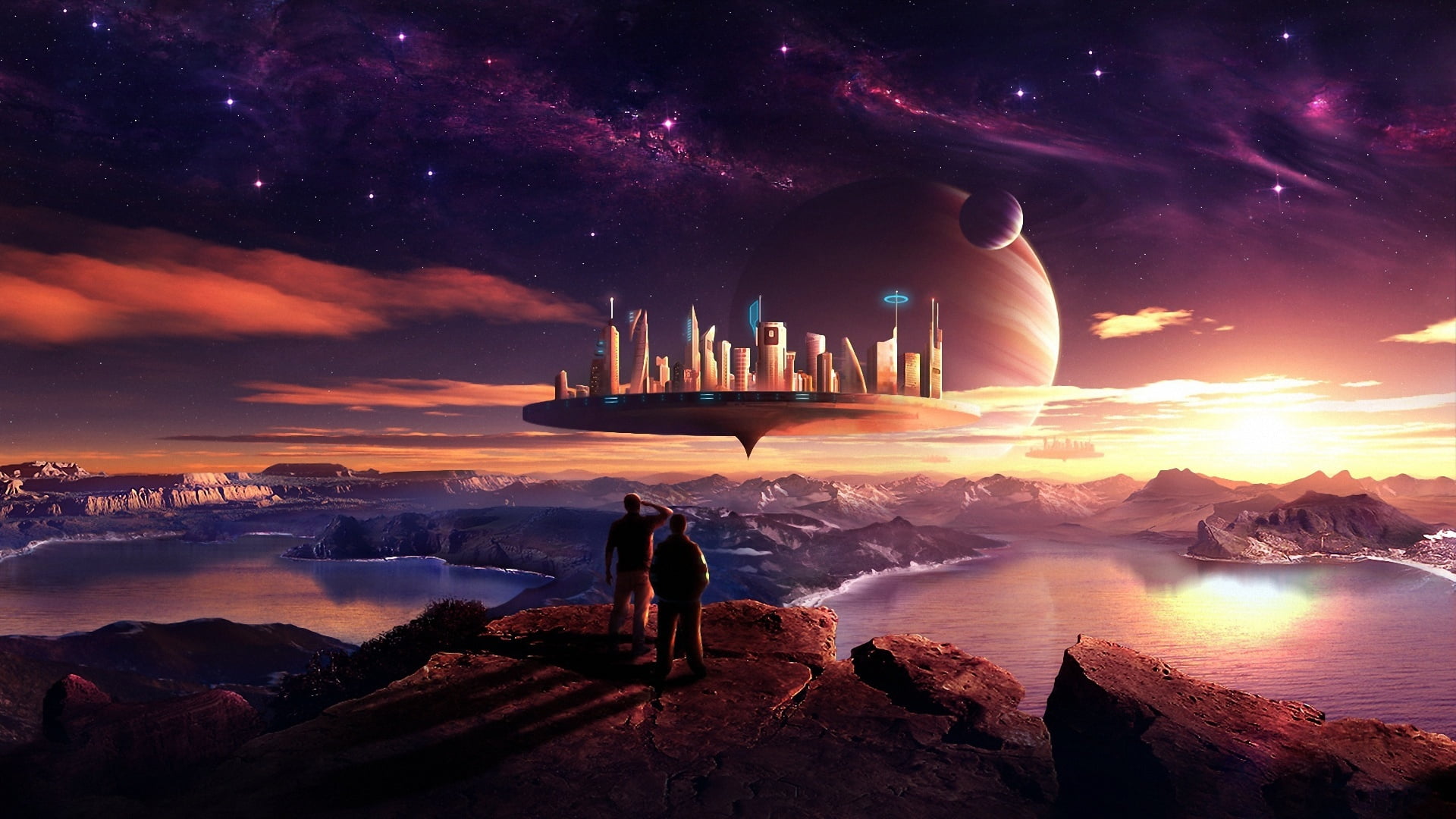 stars, another planet, horizon, летающий город, flying city, 1080P, lake, space, fantasy art, future, beautiful landscape, people, rocks, HD Wallpaper