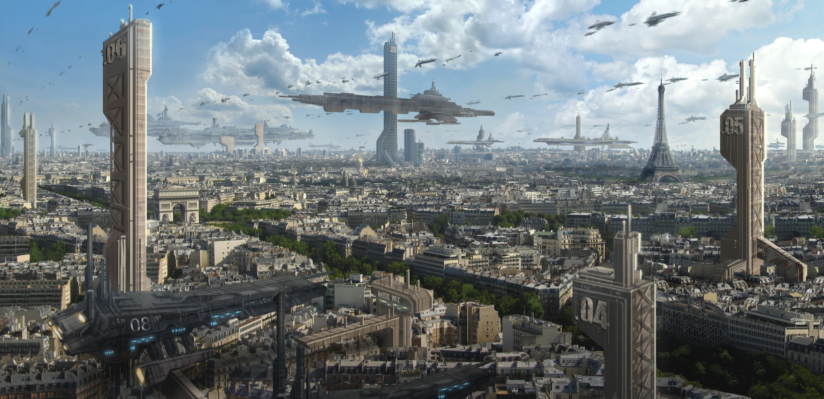 built Structure, urban Scene, rise, ships, clouds, transportation, outdoors, skyscrapers, city, tower, sunset, famous Place, Eiffel tower, technology, the city, HD Wallpaper