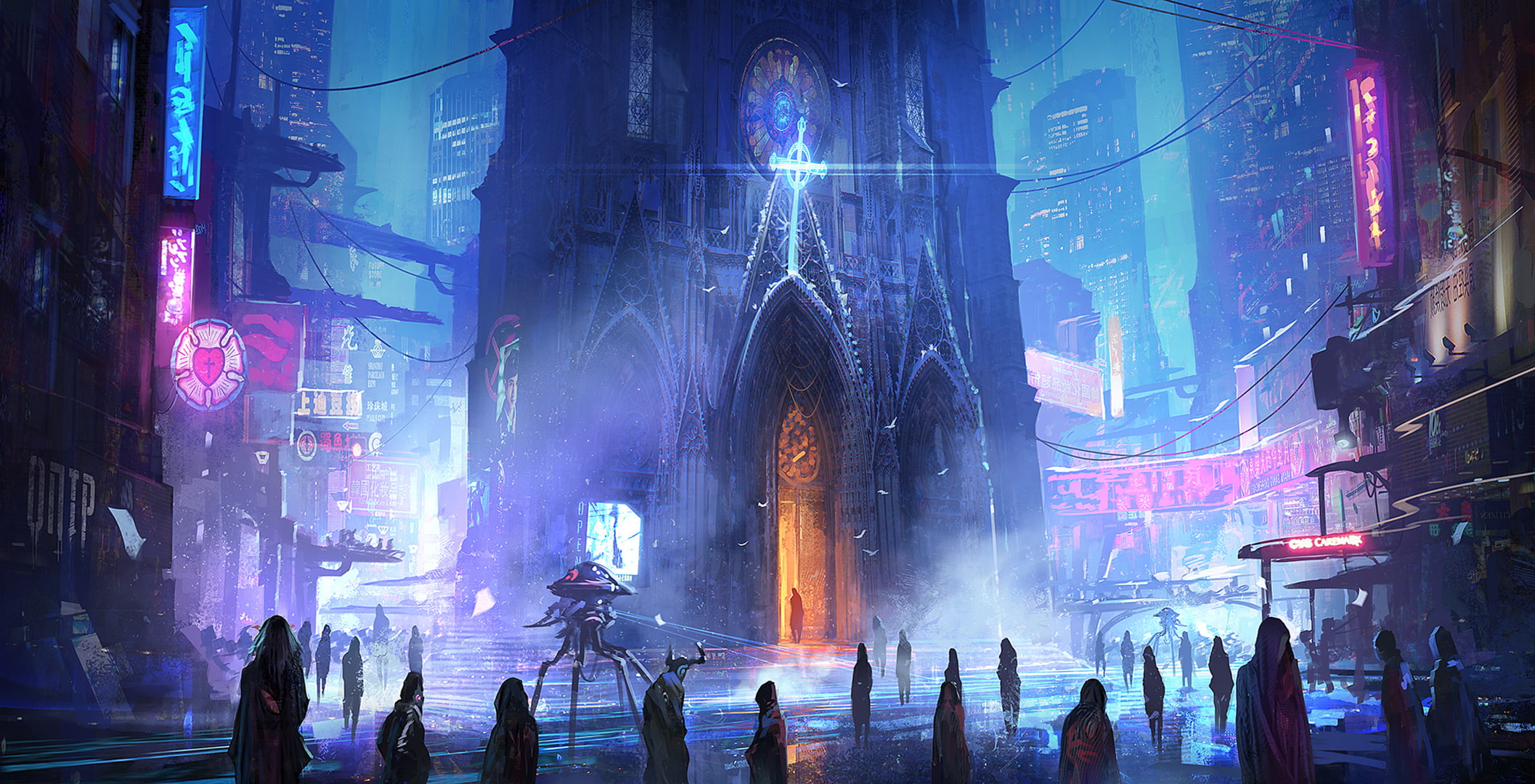 future, Church, street, people, robot, night, 1080P, the city, HD Wallpaper