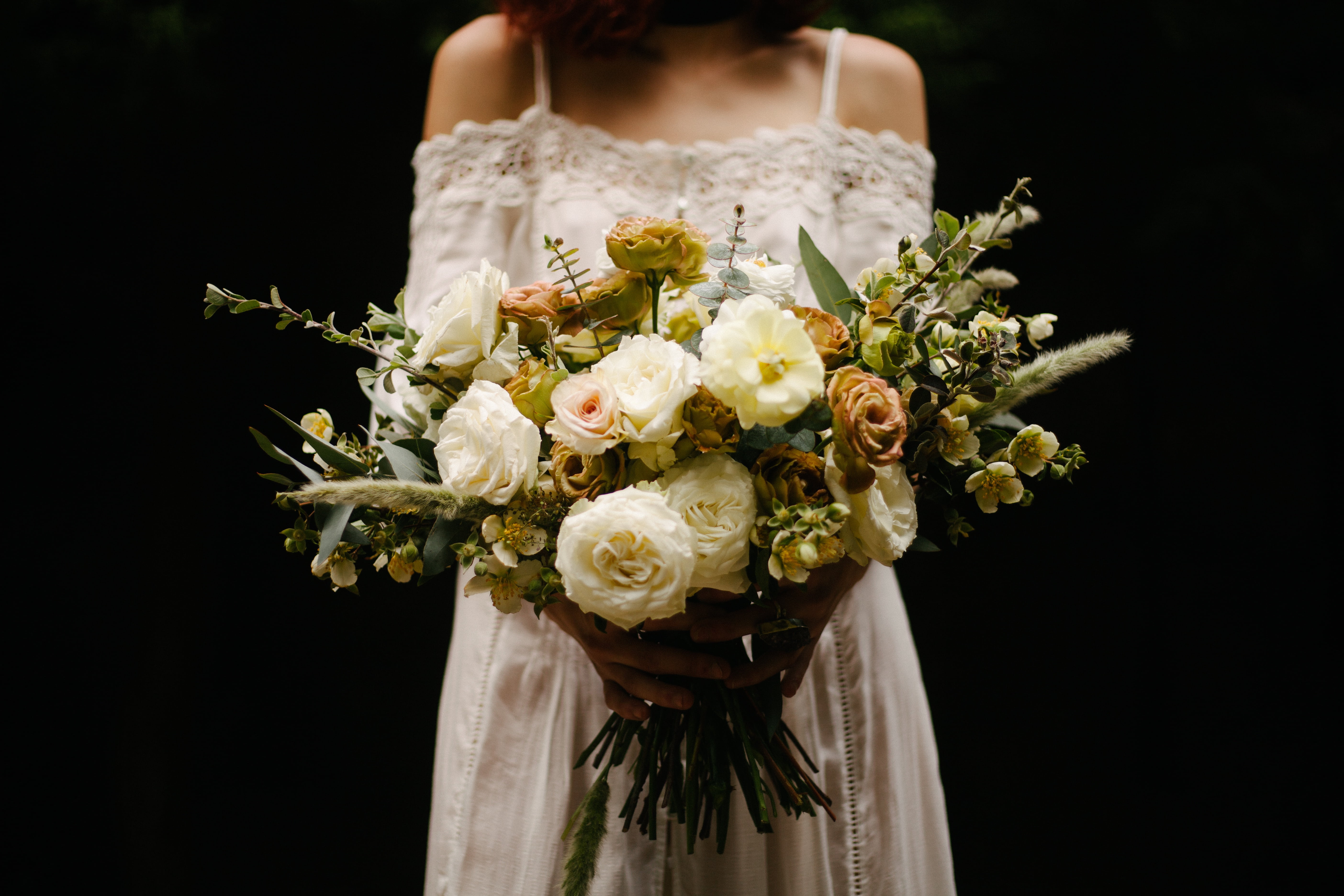 wedding dress, women, event, bouquet, flower head, midsection, white, black background, gown, celebration, holding, one person, 5K, adult, nature, plant, HD Wallpaper