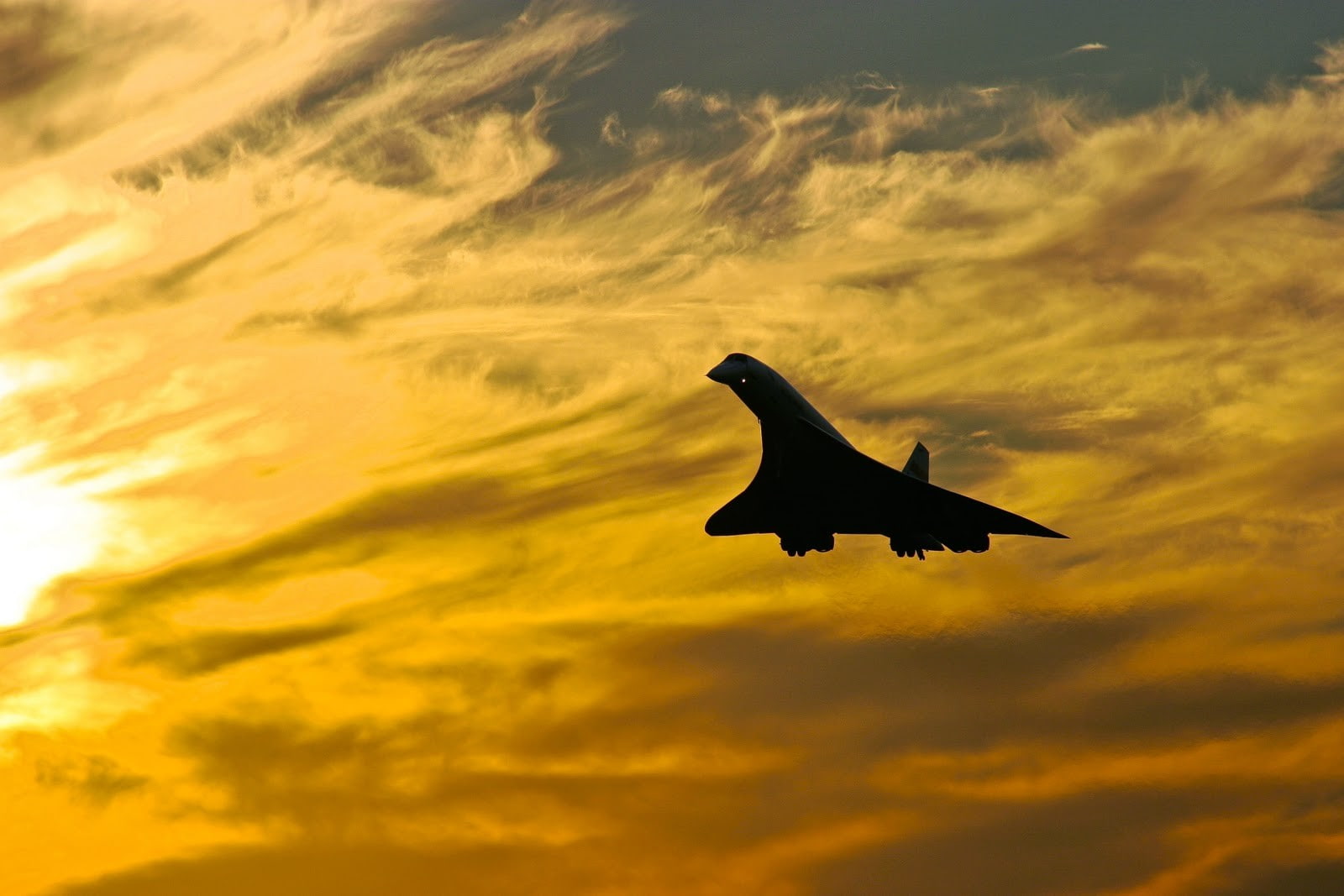 flying, silhouette, Concorde, clouds, jets, sky, sunlight, 720P, aircraft, photography, HD Wallpaper