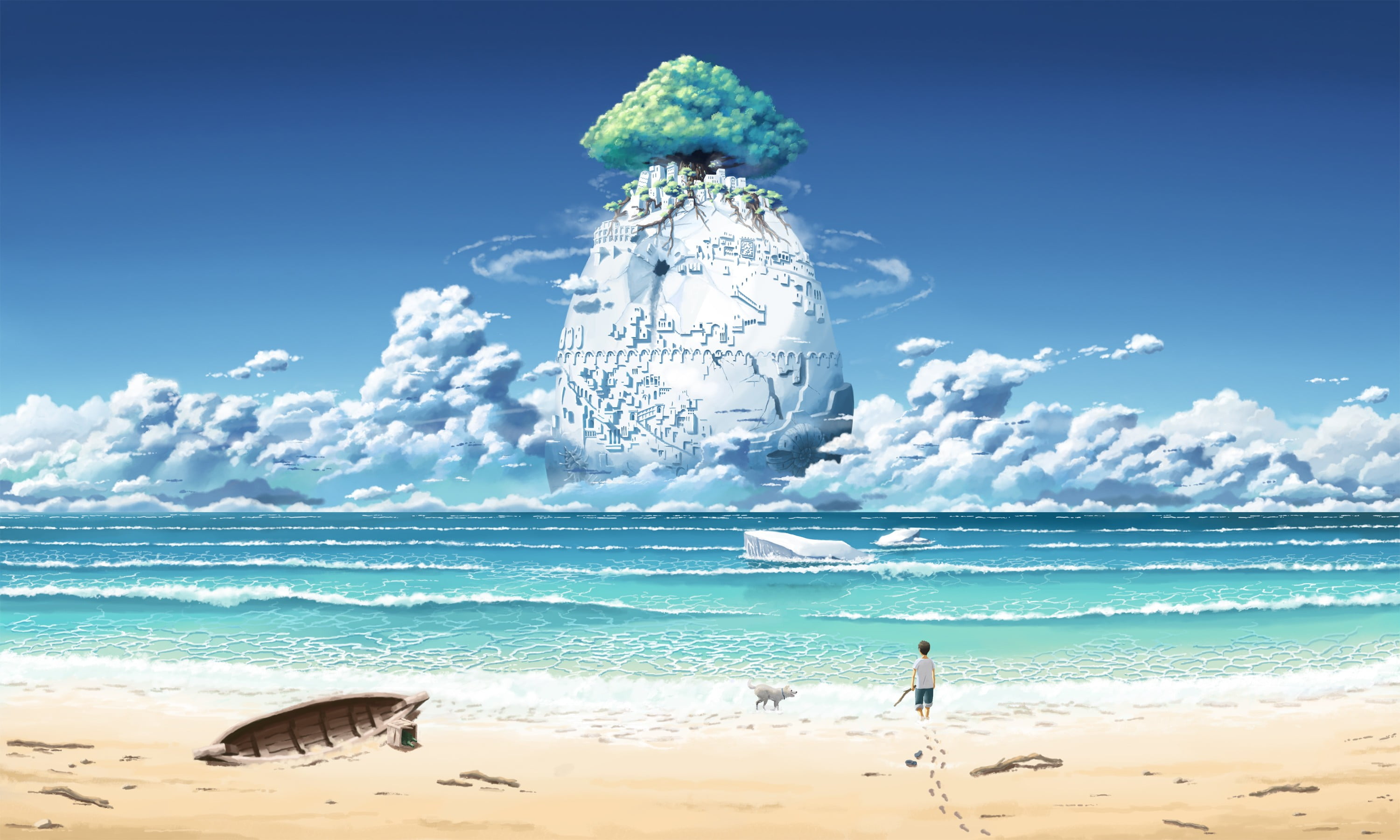 sky, scene, 2K, movie, illustration, motion, sea, sand, trees, wave, land, scenics - nature, nature, horizon, blue, vacations, real people, tranquility, HD Wallpaper