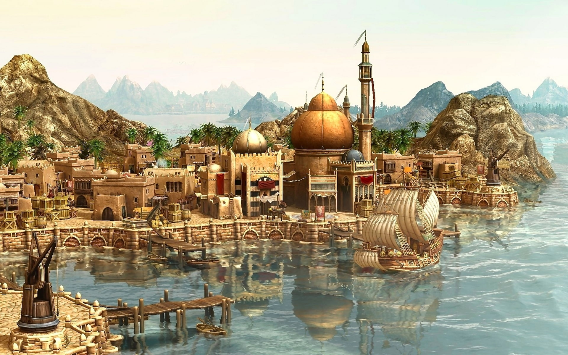 journey, 1080P, city, Anno 1404, arrival, game, port, ship, the city, rendering, HD Wallpaper
