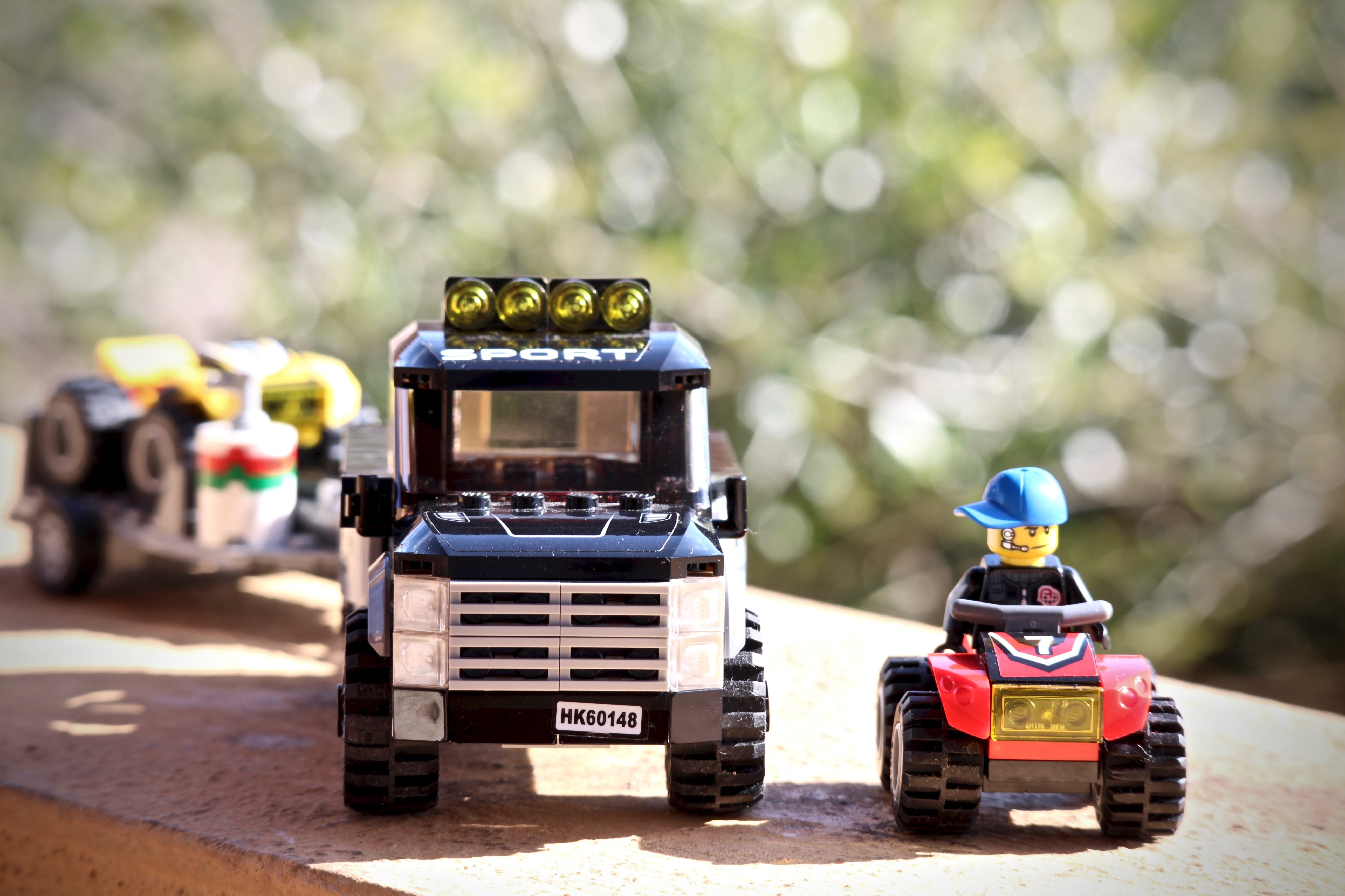 quad, cars, road, lego, mind, gift, mode of transportation, land vehicle, childhood, pastime, 5K, car, toys, truck, tree, vehicle, still life, man, playground, HD Wallpaper