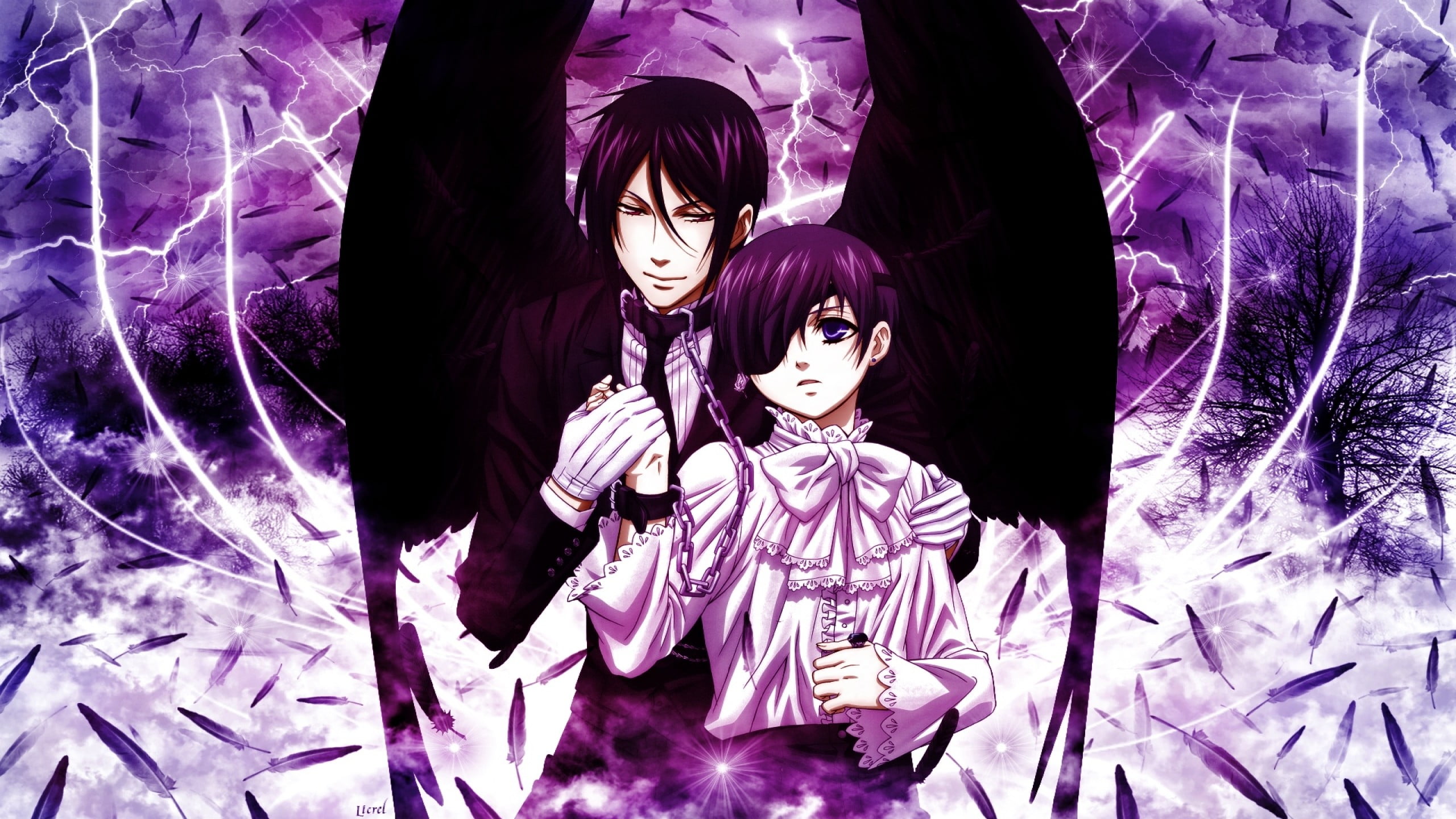 people, standing, illuminated, fashion, Black Butler, front view, purple, portrait, adult, beautiful woman, looking at camera, young adult, 2K, digital composite, HD Wallpaper