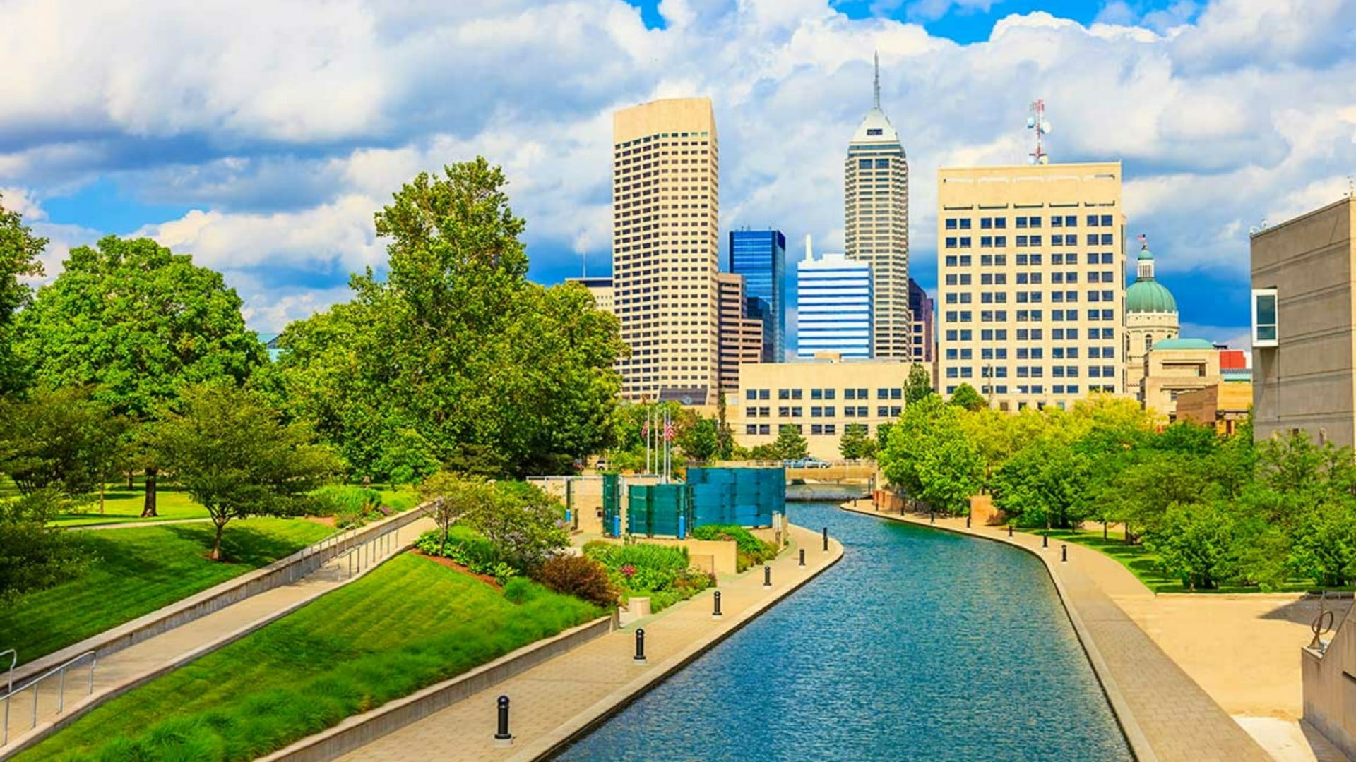 daytime, plant, residential district, cloud - sky, united states, indianapolis, canal, no people, skyscraper, modern, architecture, pool, office building exterior, HD Wallpaper