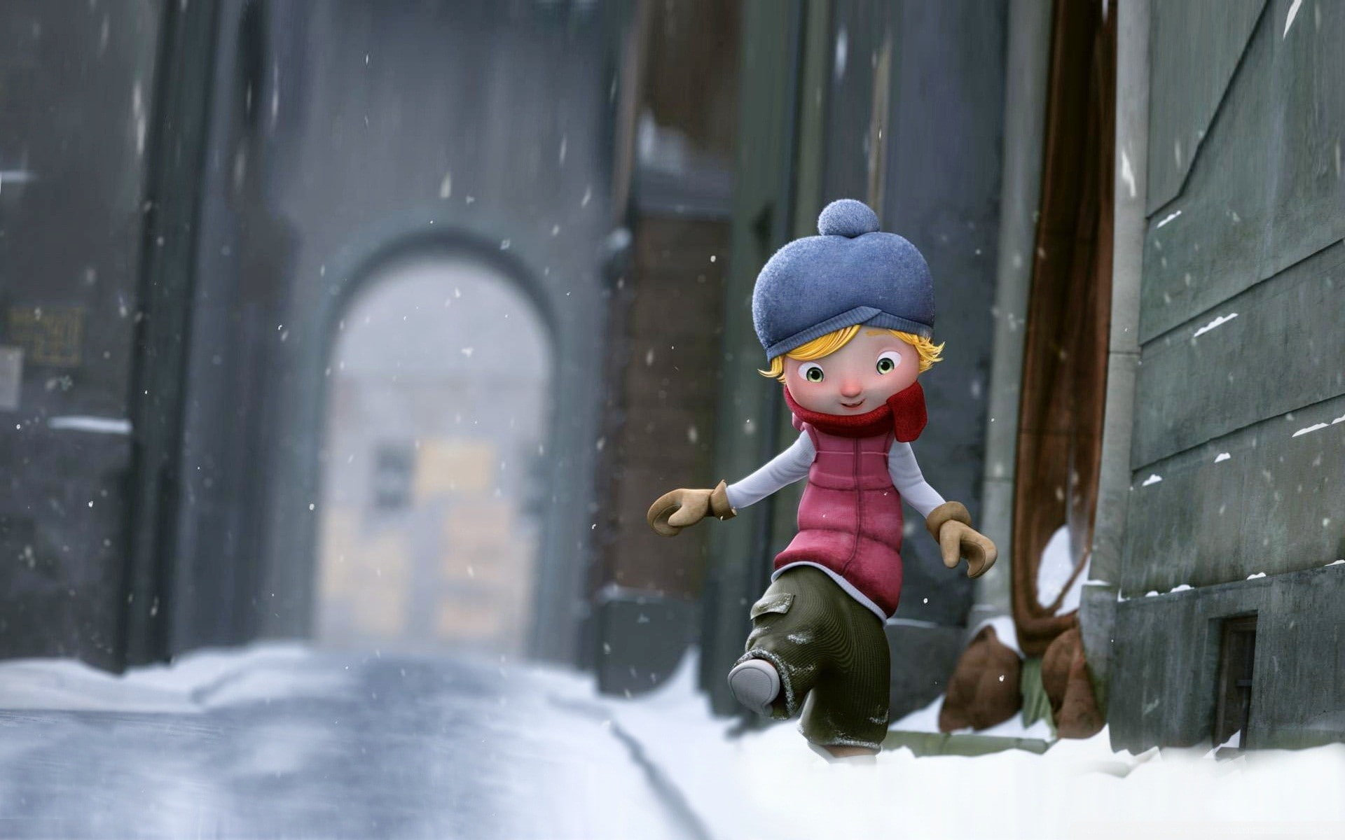 street, winter, short movie, 3D, screen shot, Alma, ice, Kuldip Dhamasana, 1080P, snow, cartoon, depth of field, HD Wallpaper