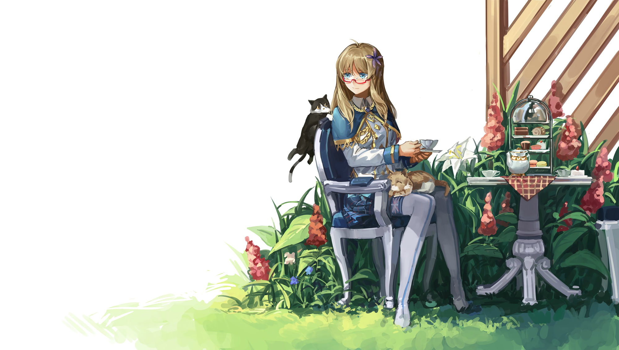 standing, Anime, chair, anime girl, front view, flower, young adult, indoors, hairstyle, nature, cats, plant, green color, young women, sitting, glasses, HD Wallpaper