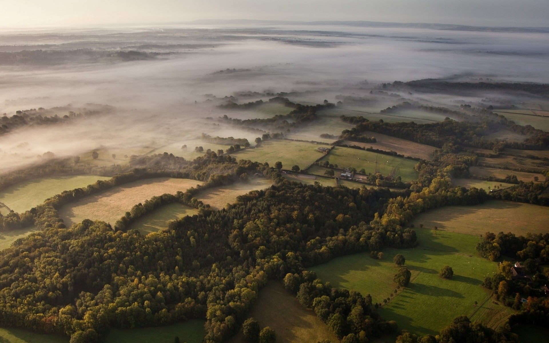 no people, UK, tranquil scene, 1080P, tranquility, plant, outdoors, fog, mist, field, non-urban scene, high angle view, rolling landscape, green, rural scene, HD Wallpaper