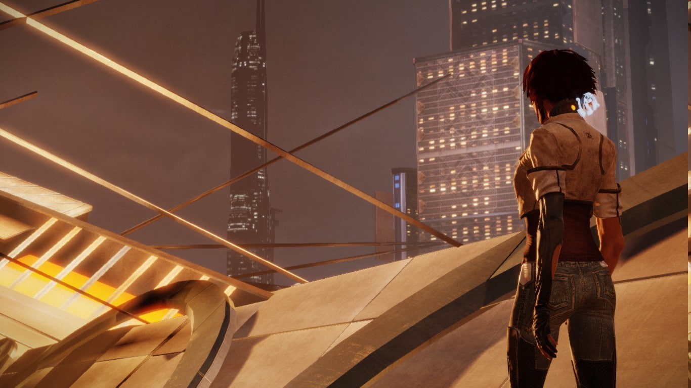 one person, night, city life, offspring, video games screenshots remember me nilin, built structure, standing, looking, railing, three quarter length, architecture, HD Wallpaper